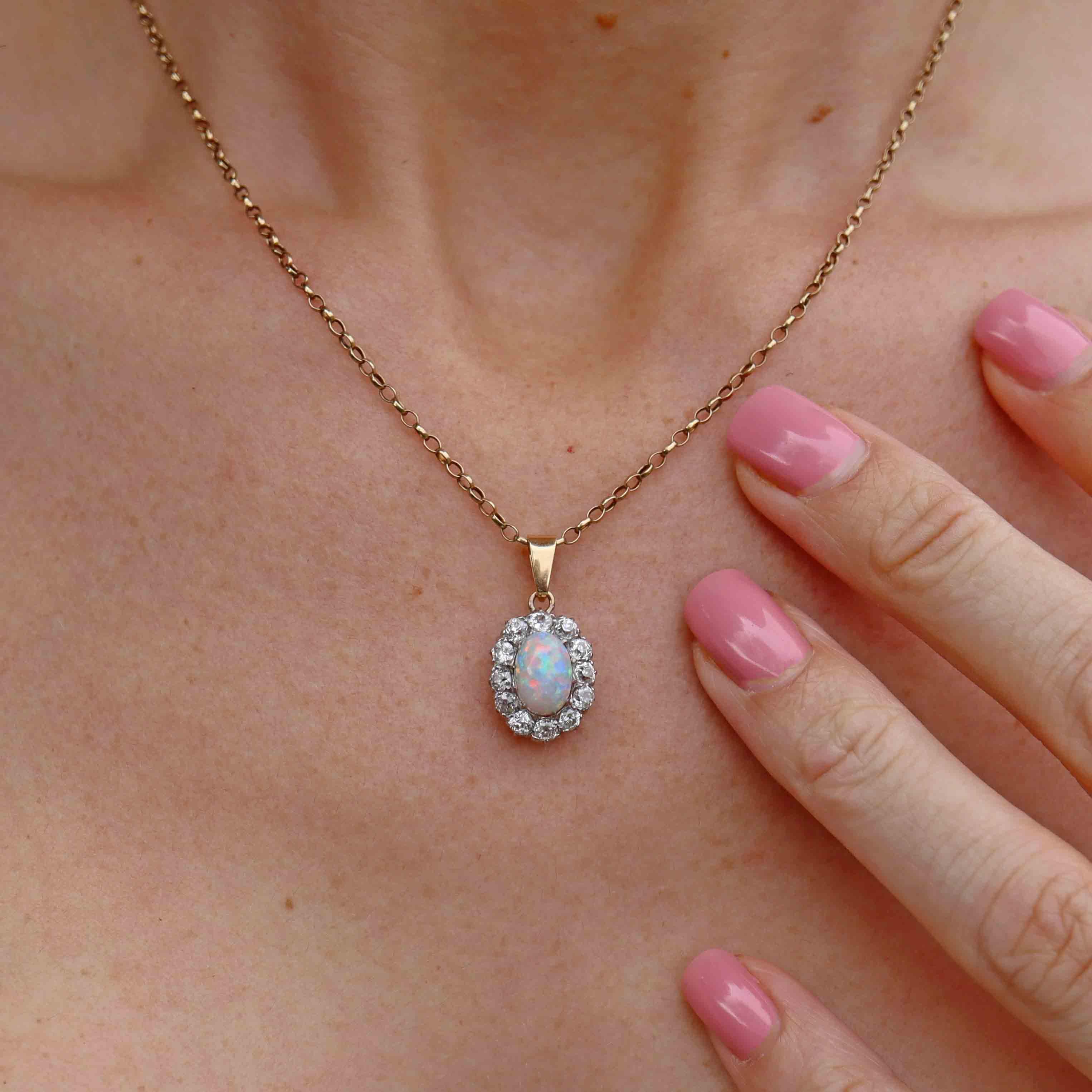 Ellibelle Jewellery Edwardian Opal & Old Cut Diamond Cluster Pendant Necklace