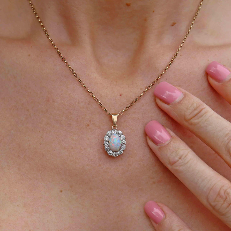 Ellibelle Jewellery Edwardian Opal & Old Cut Diamond Cluster Pendant Necklace