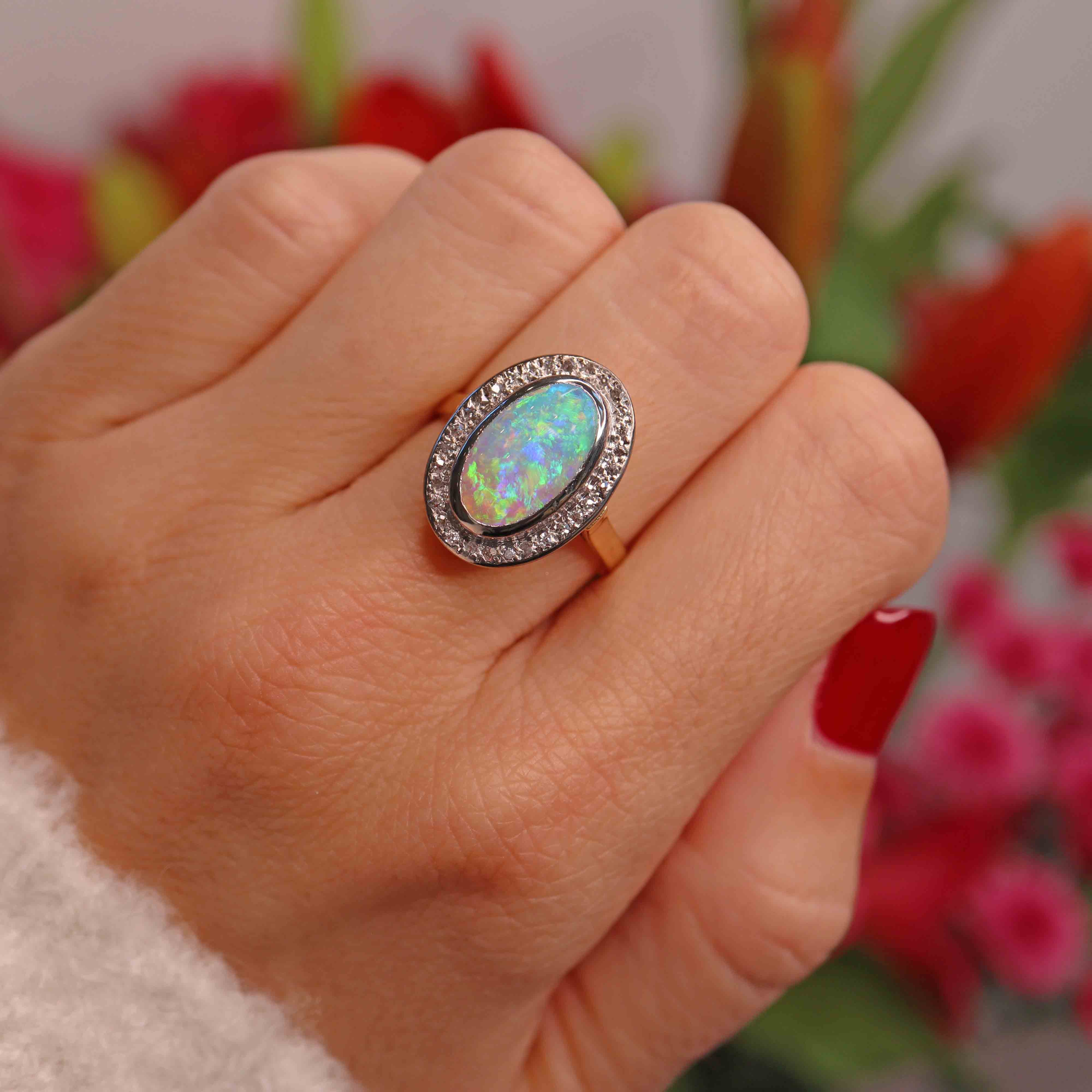 Ellibelle Jewellery Edwardian Opal & Rose-Cut Diamond 18ct Gold Ring