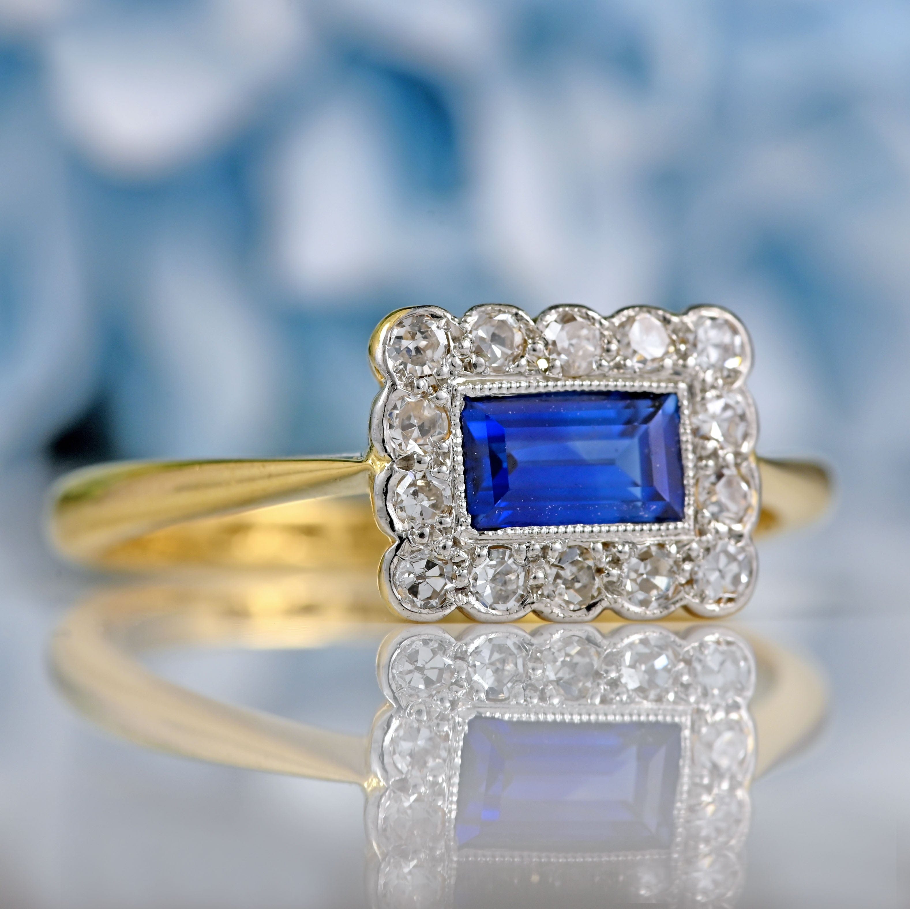 Ellibelle Jewellery Edwardian Rectangular Sapphire & Diamond 18ct Gold Platinum Ring