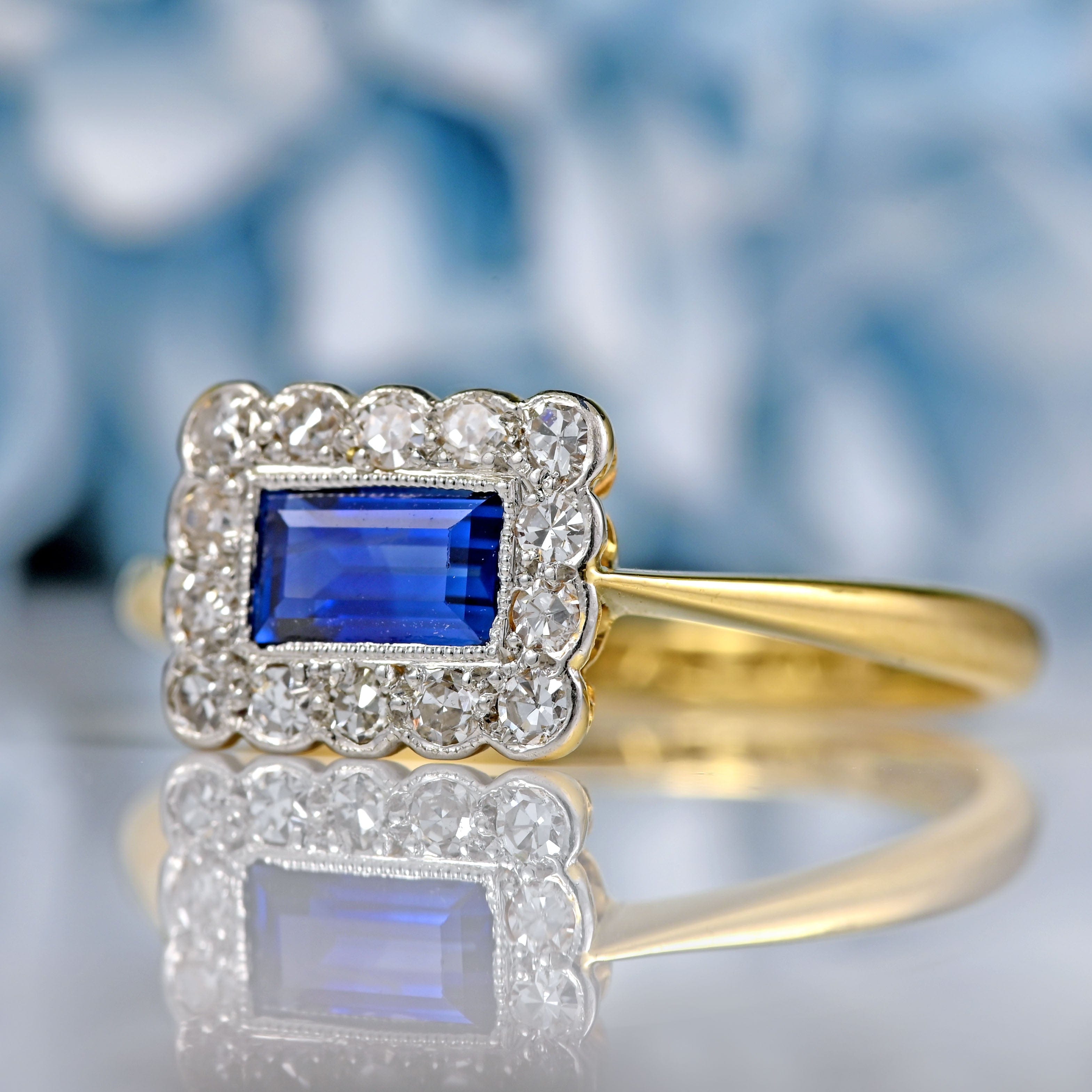 Ellibelle Jewellery Edwardian Rectangular Sapphire & Diamond 18ct Gold Platinum Ring