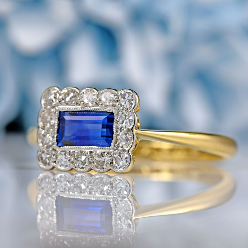 Ellibelle Jewellery Edwardian Rectangular Sapphire & Diamond 18ct Gold Platinum Ring