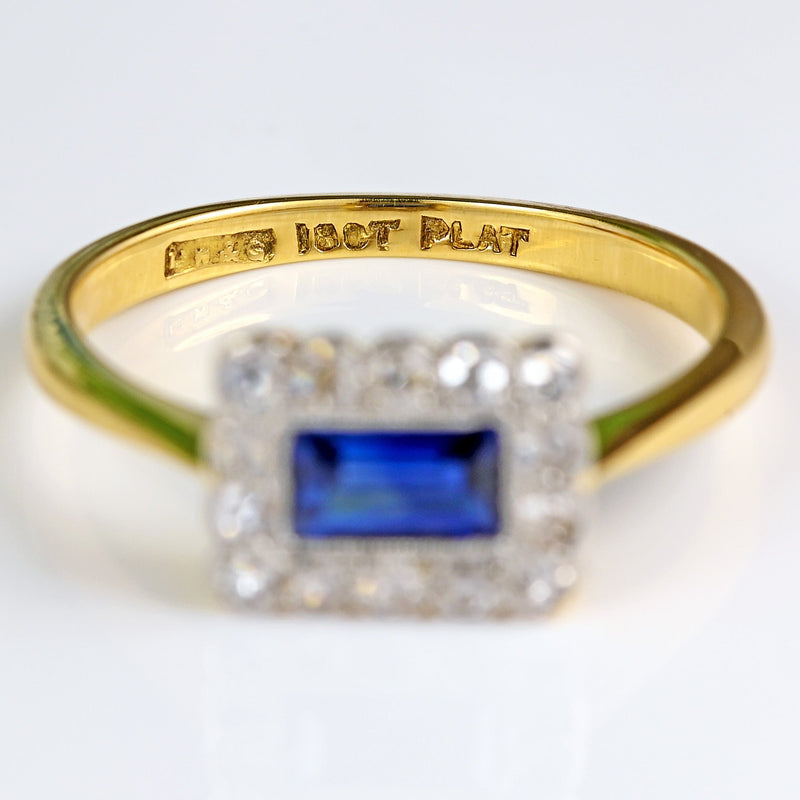 Ellibelle Jewellery Edwardian Rectangular Sapphire & Diamond 18ct Gold Platinum Ring