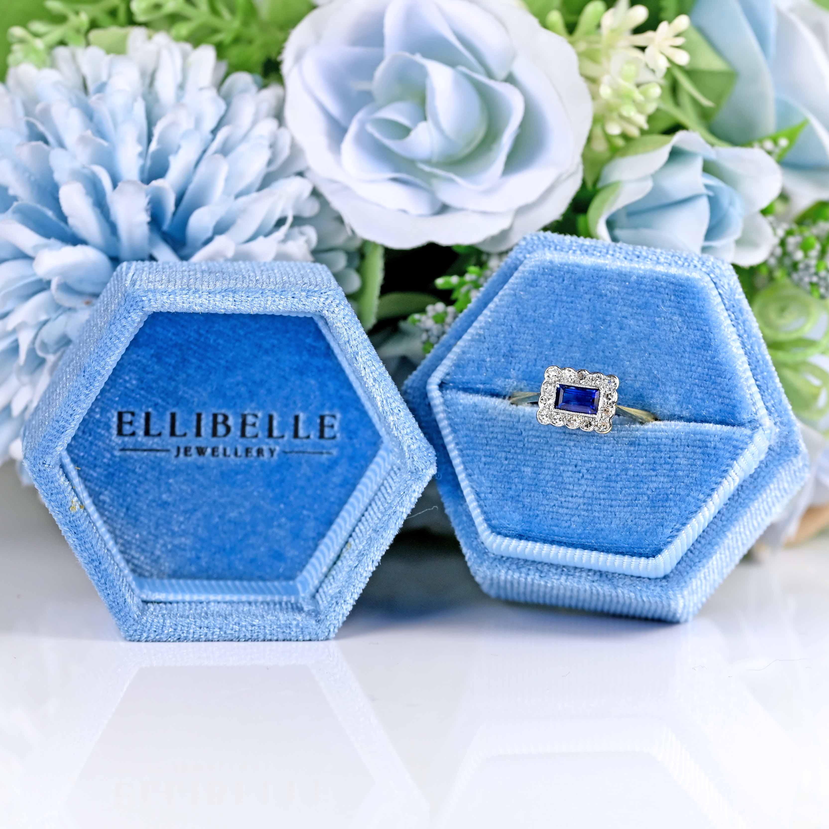 Ellibelle Jewellery Edwardian Rectangular Sapphire & Diamond 18ct Gold Platinum Ring