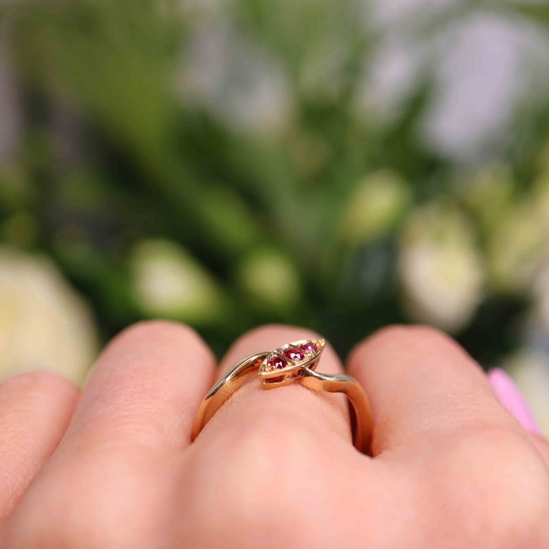 Ellibelle Jewellery Edwardian Ruby 18ct Gold Navette Crossover Ring