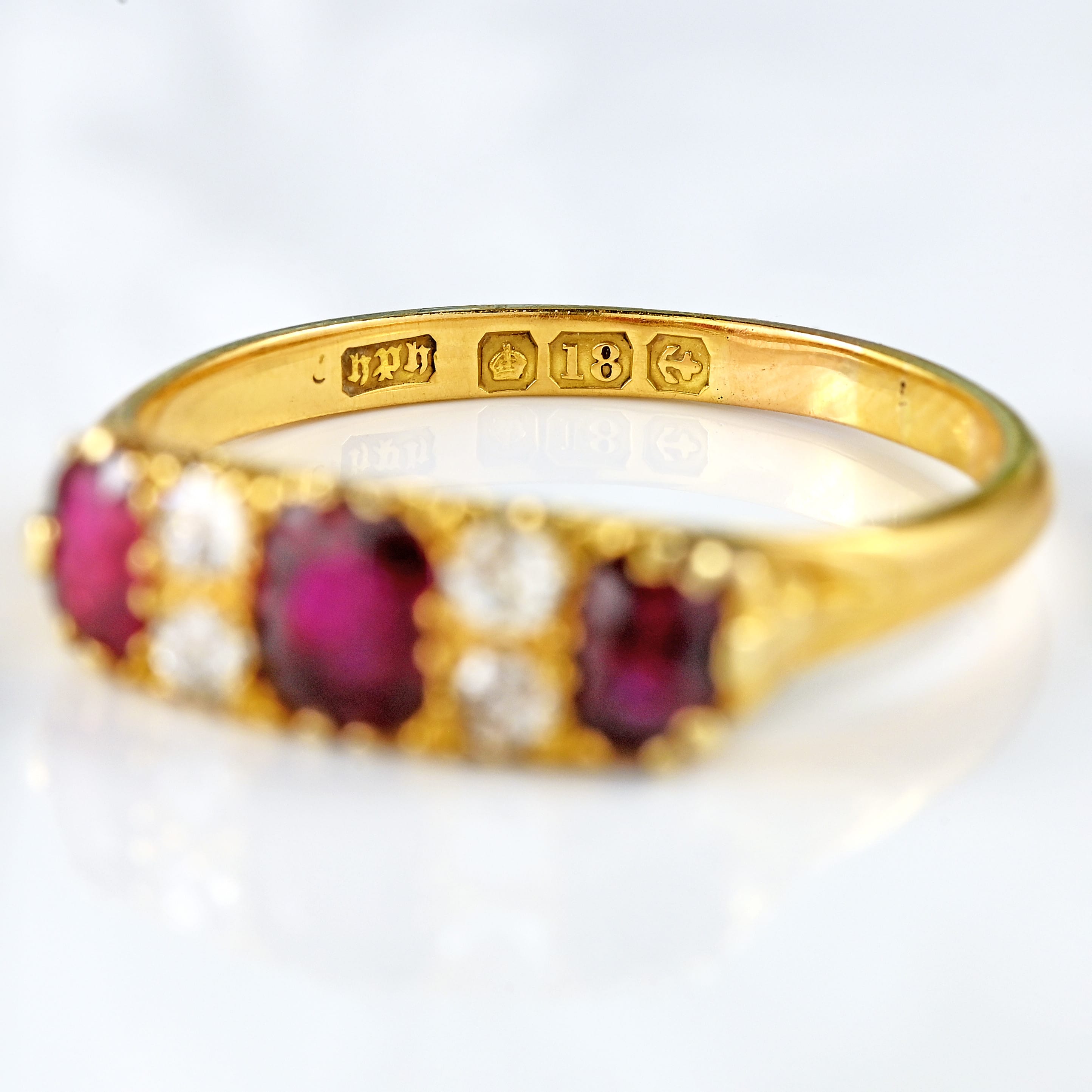 Ellibelle Jewellery Edwardian Ruby & Diamond 18ct Gold Carved Half-Hoop Ring