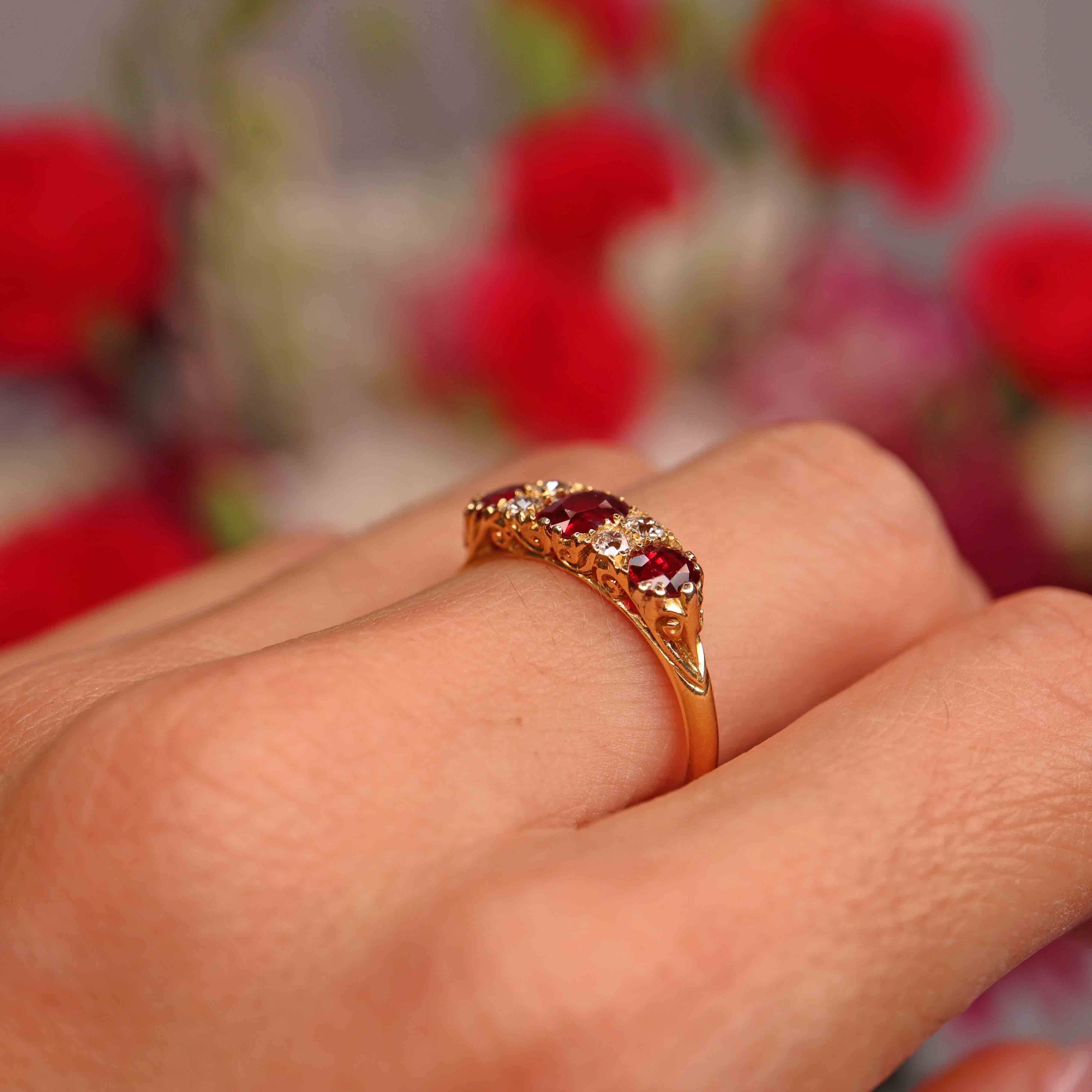 Ellibelle Jewellery Edwardian Ruby & Diamond 18ct Gold Carved Half-Hoop Ring
