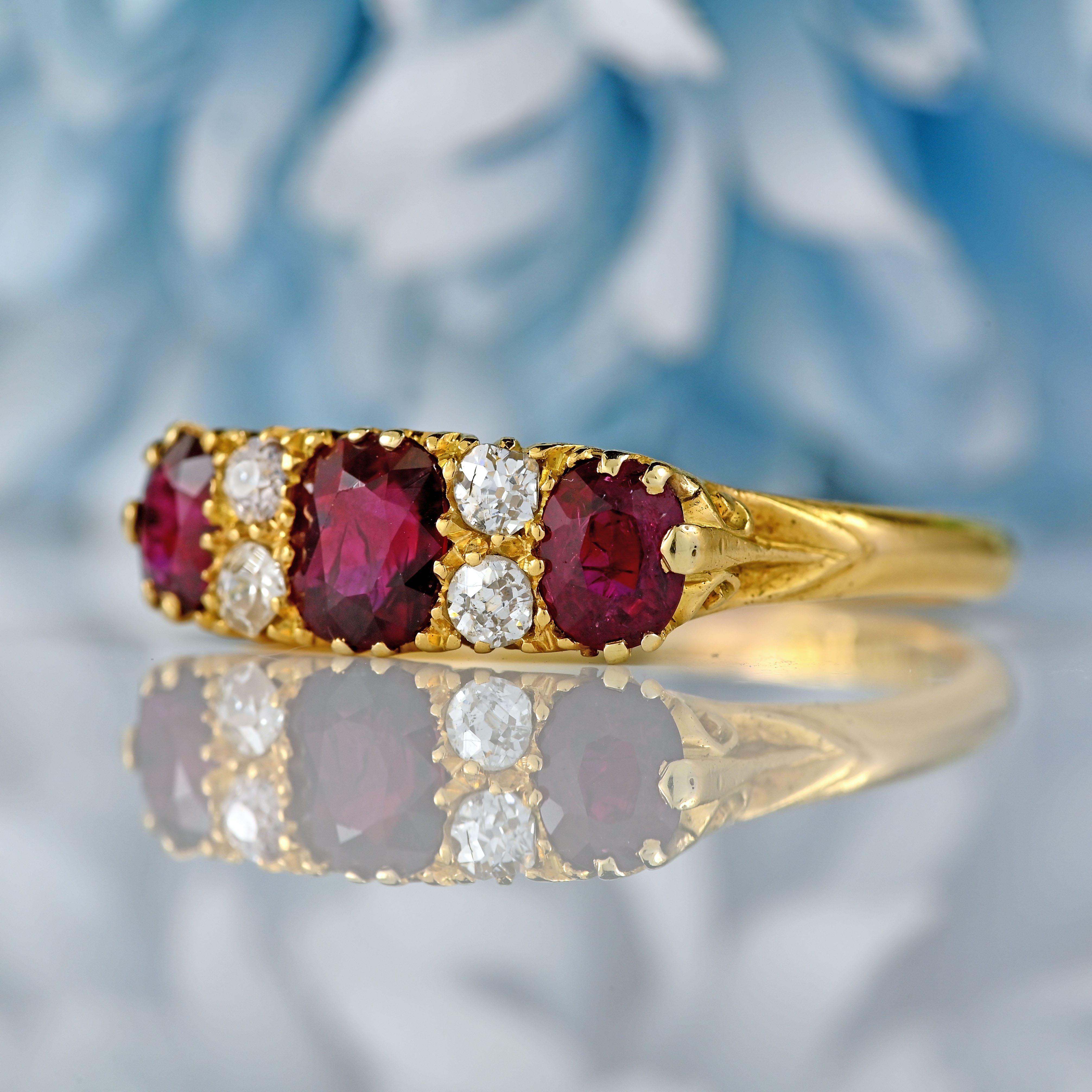 Ellibelle Jewellery Edwardian Ruby & Diamond 18ct Gold Carved Half-Hoop Ring