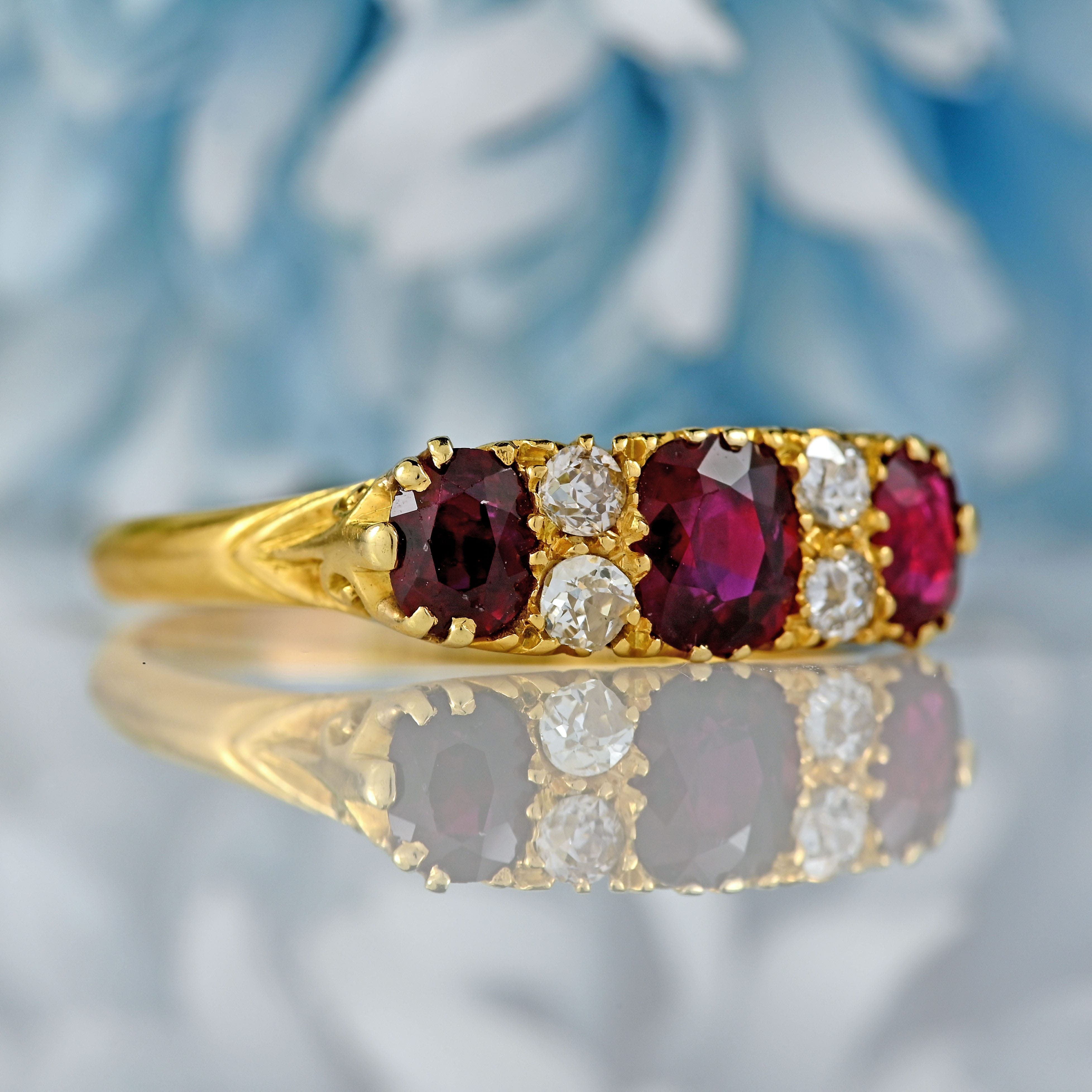 Ellibelle Jewellery Edwardian Ruby & Diamond 18ct Gold Carved Half-Hoop Ring