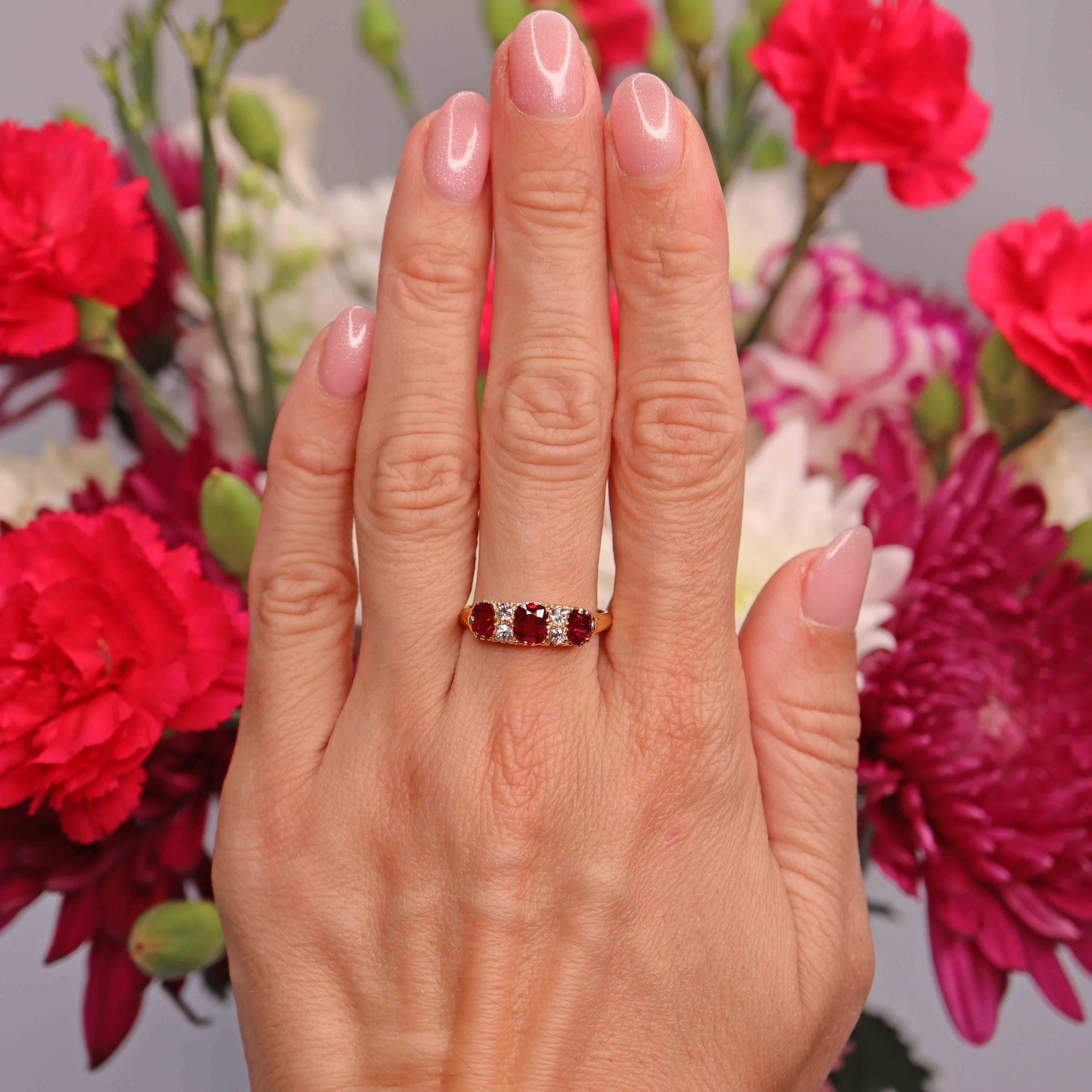 Ellibelle Jewellery Edwardian Ruby & Diamond 18ct Gold Carved Half-Hoop Ring