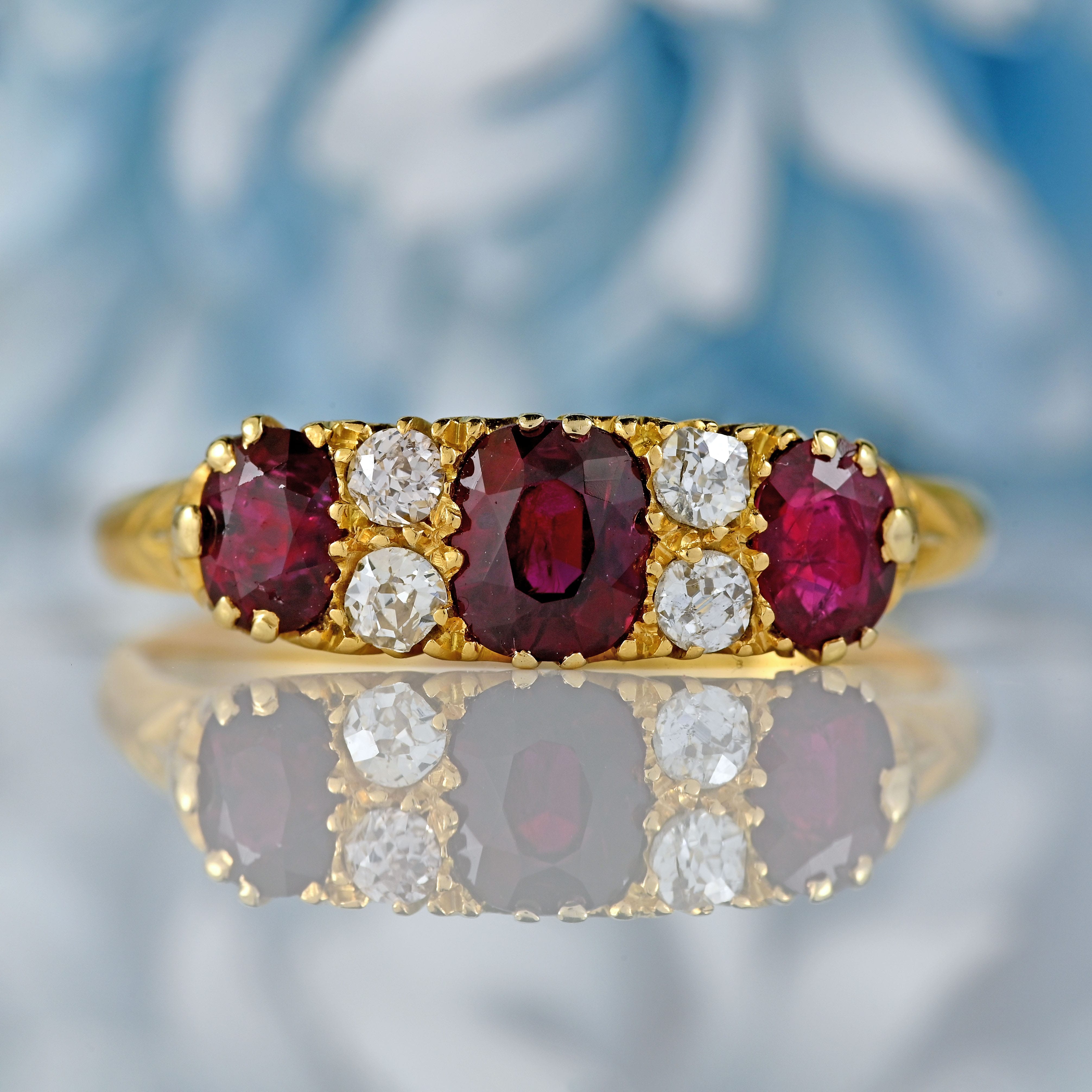 Ellibelle Jewellery Edwardian Ruby & Diamond 18ct Gold Carved Half-Hoop Ring
