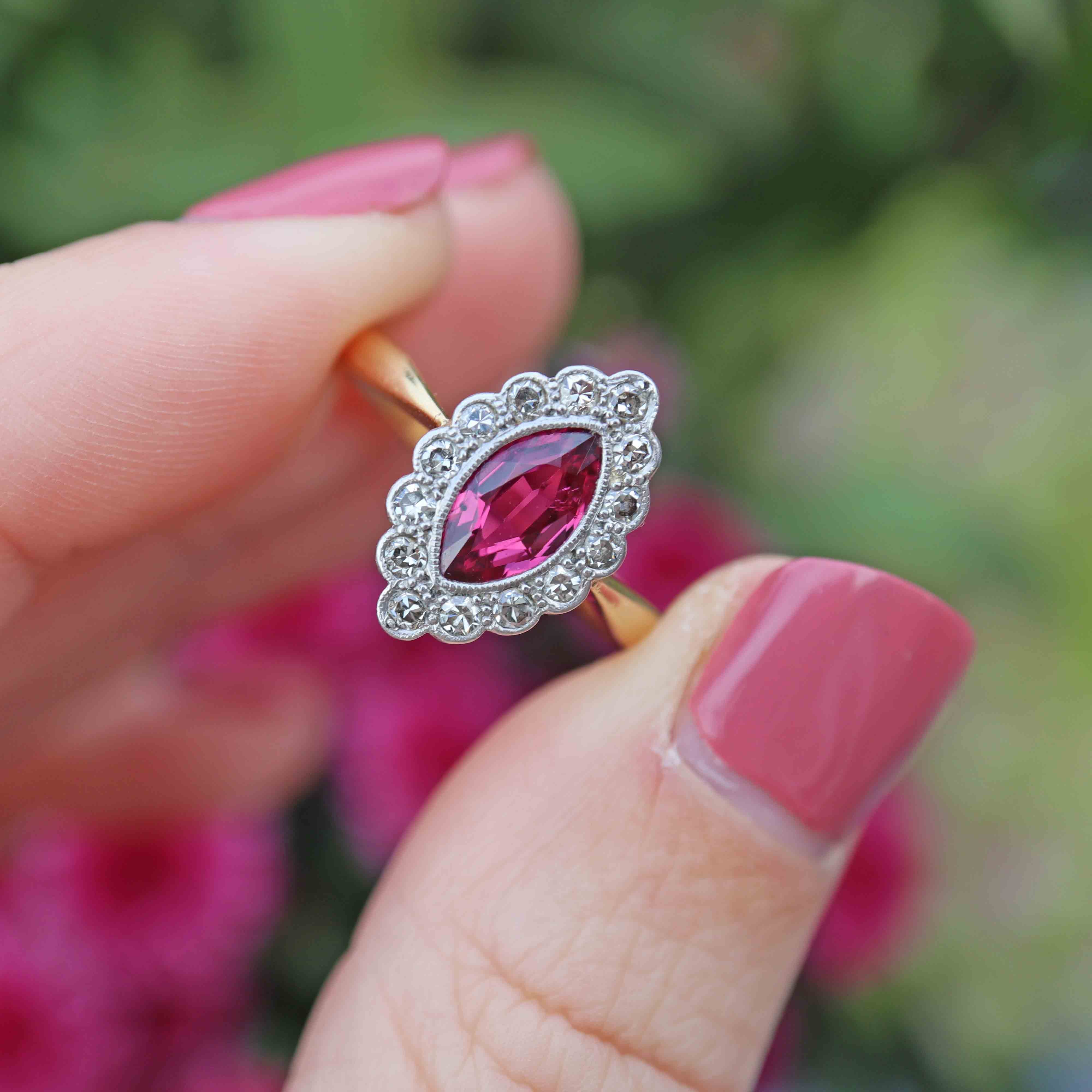 Ellibelle Jewellery Edwardian Ruby & Diamond 18ct Gold Marquise Cluster Ring