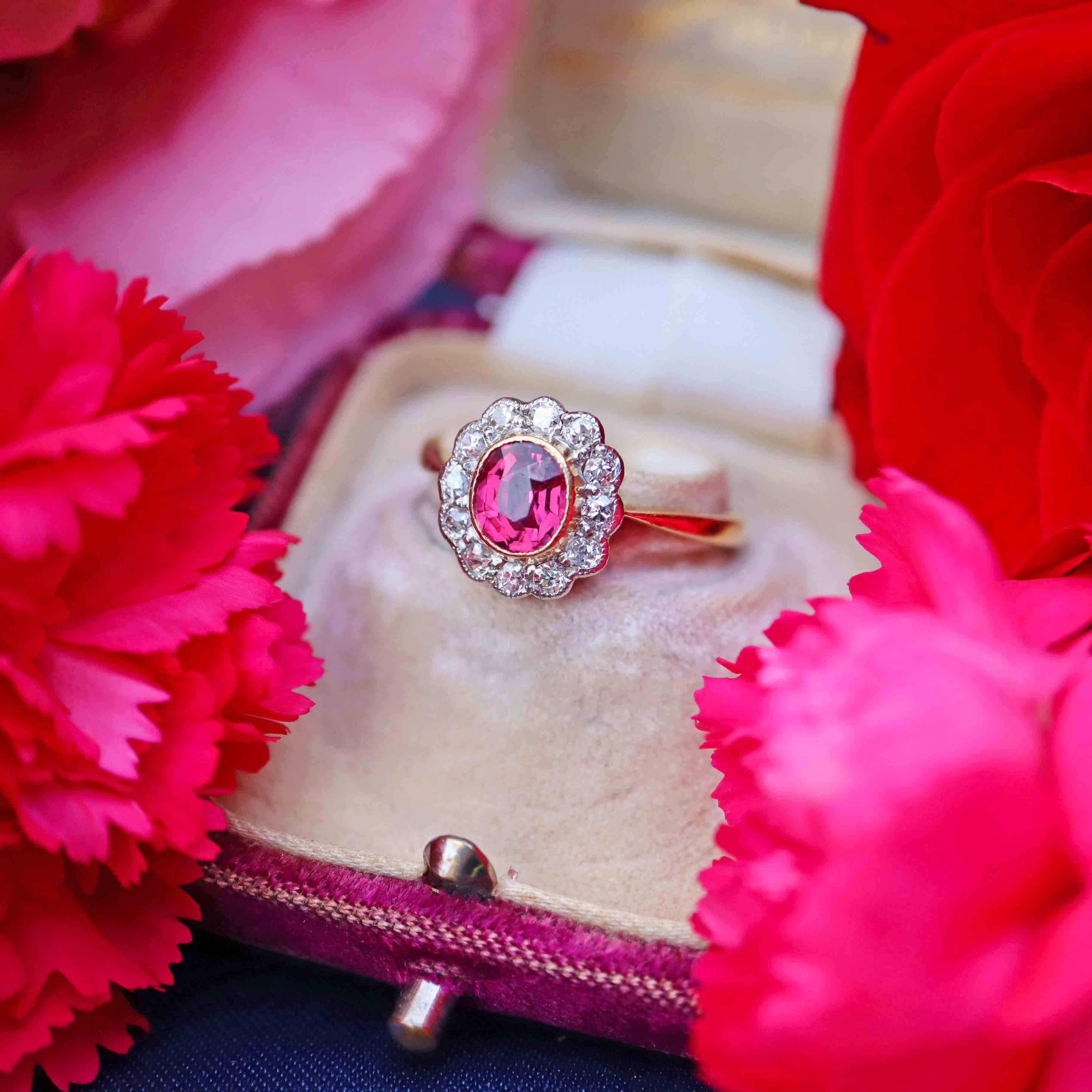 Ellibelle Jewellery Edwardian Ruby & Diamond 18ct Gold Platinum Cluster Engagement Ring