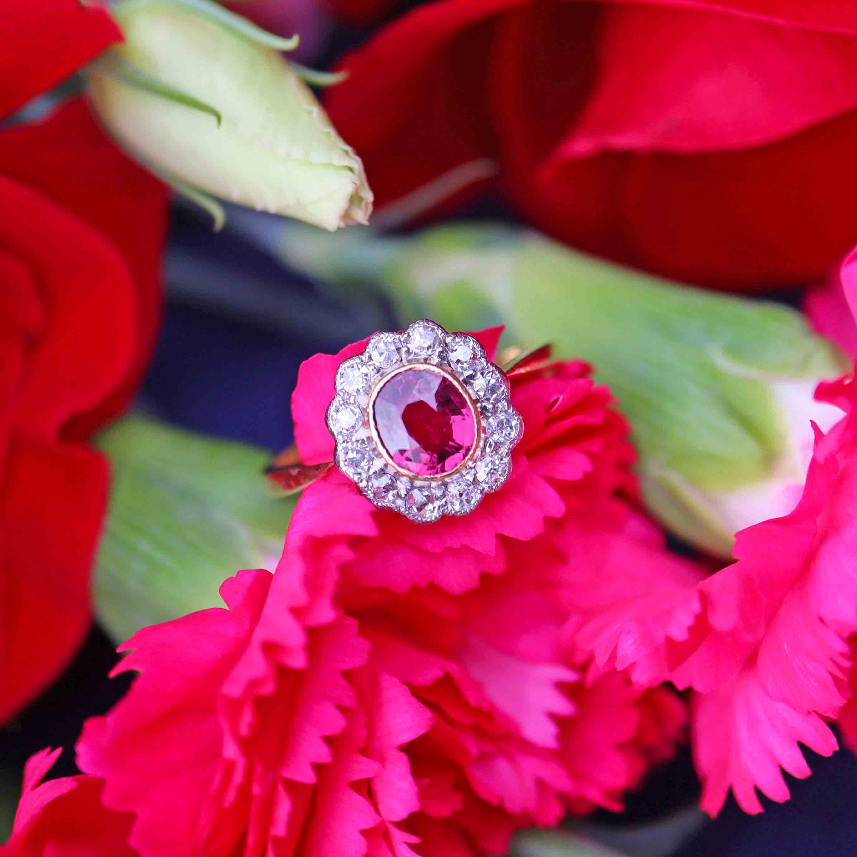 Ellibelle Jewellery Edwardian Ruby & Diamond 18ct Gold Platinum Cluster Engagement Ring