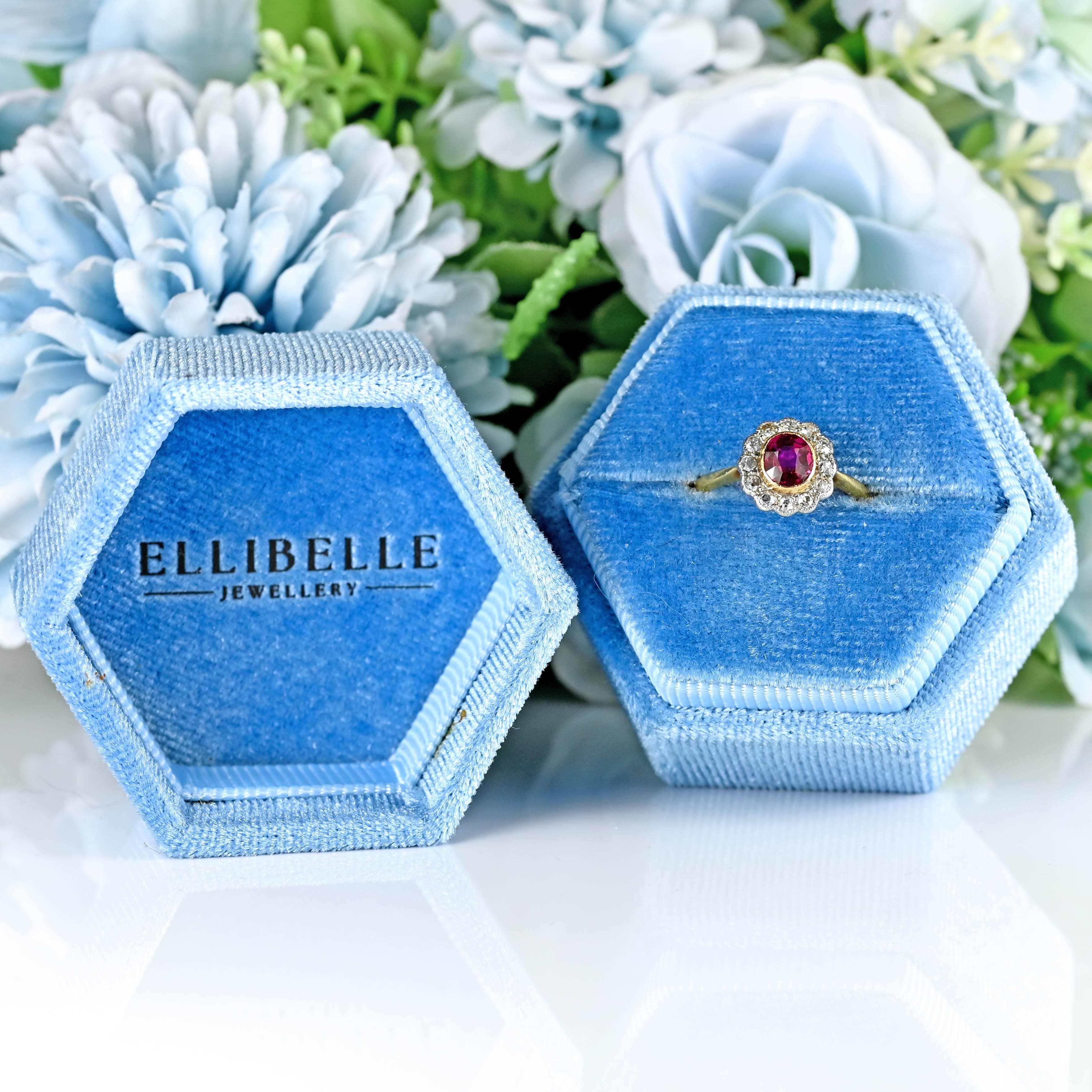 Ellibelle Jewellery Edwardian Ruby & Diamond 18ct Gold Platinum Cluster Engagement Ring