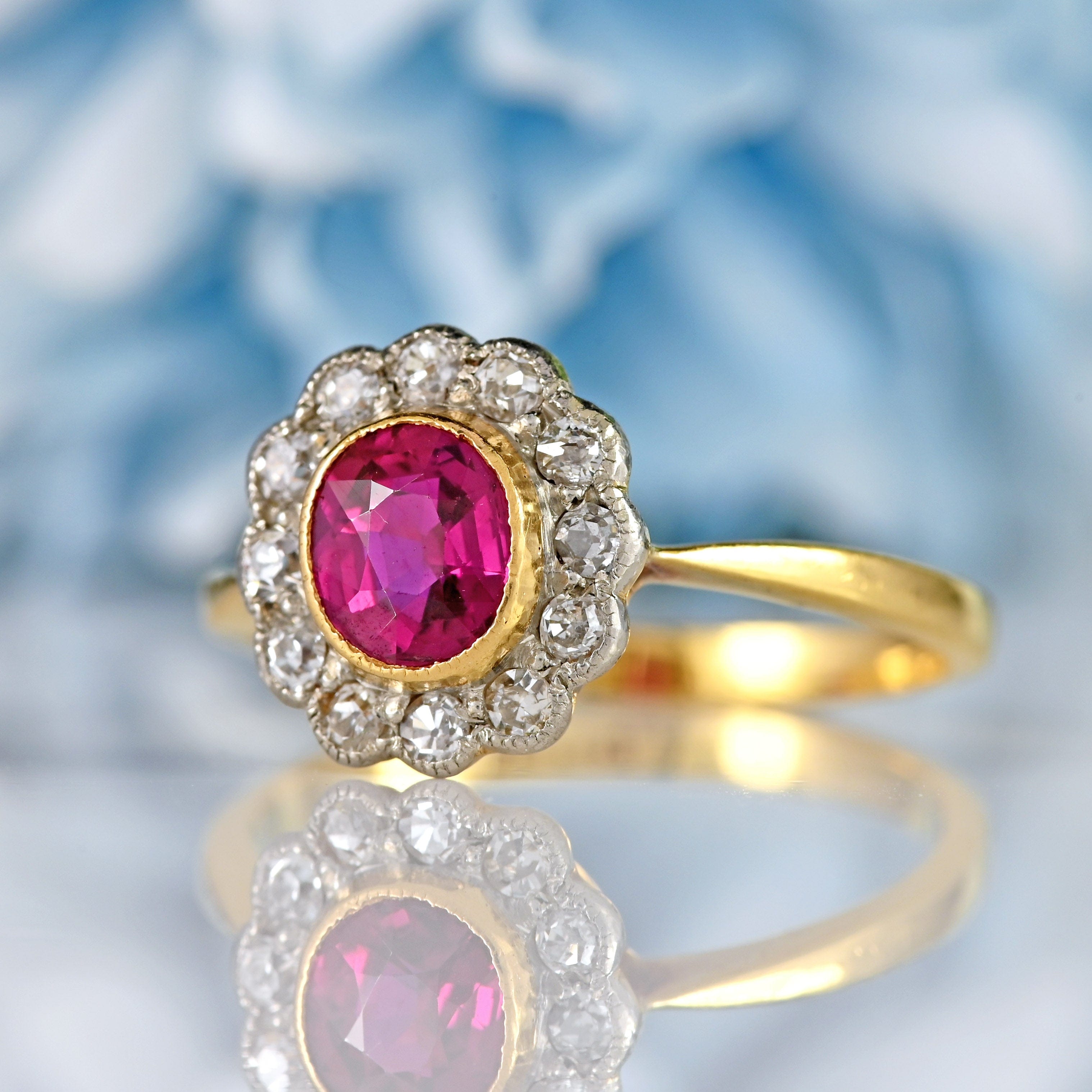 Ellibelle Jewellery Edwardian Ruby & Diamond 18ct Gold Platinum Cluster Engagement Ring