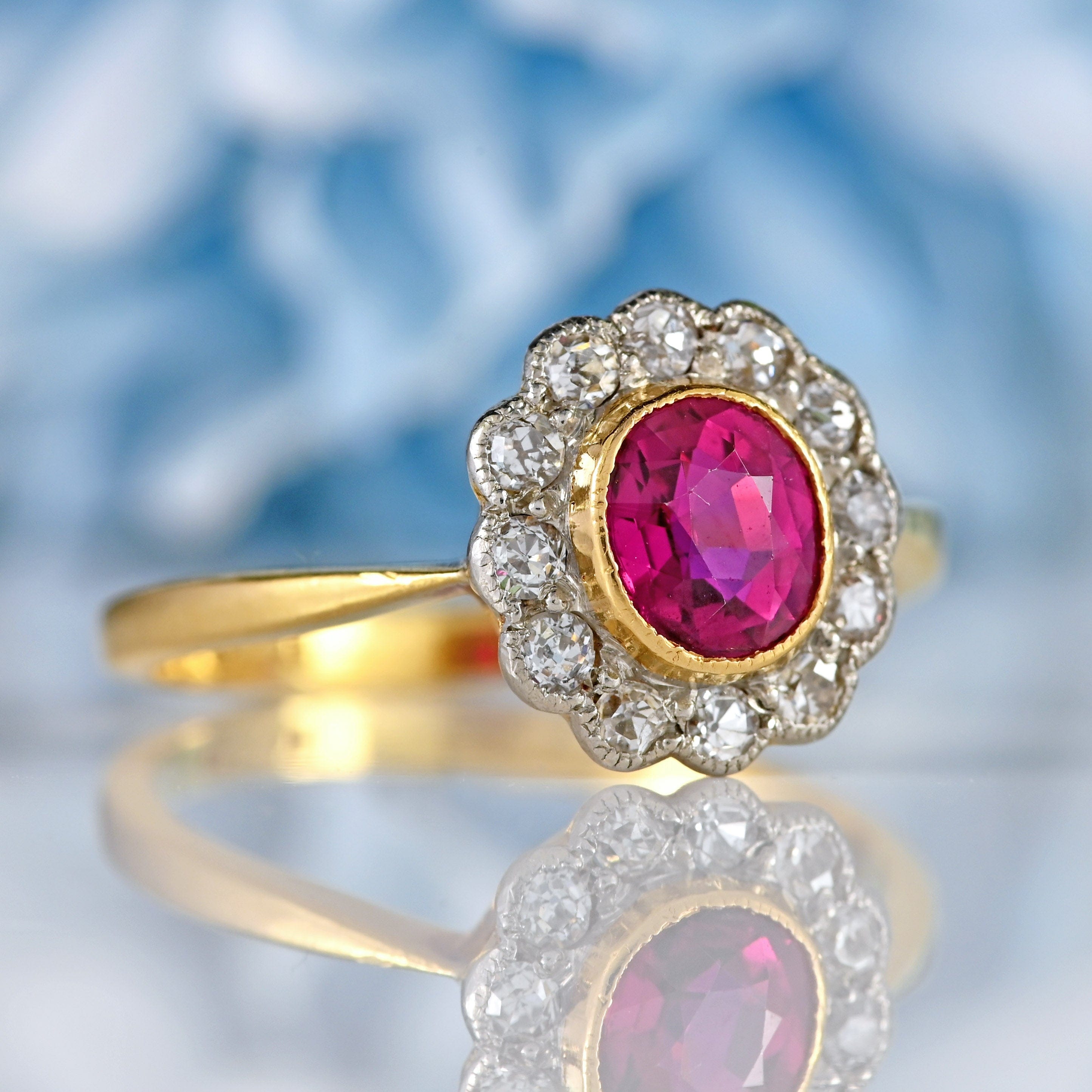 Ellibelle Jewellery Edwardian Ruby & Diamond 18ct Gold Platinum Cluster Engagement Ring
