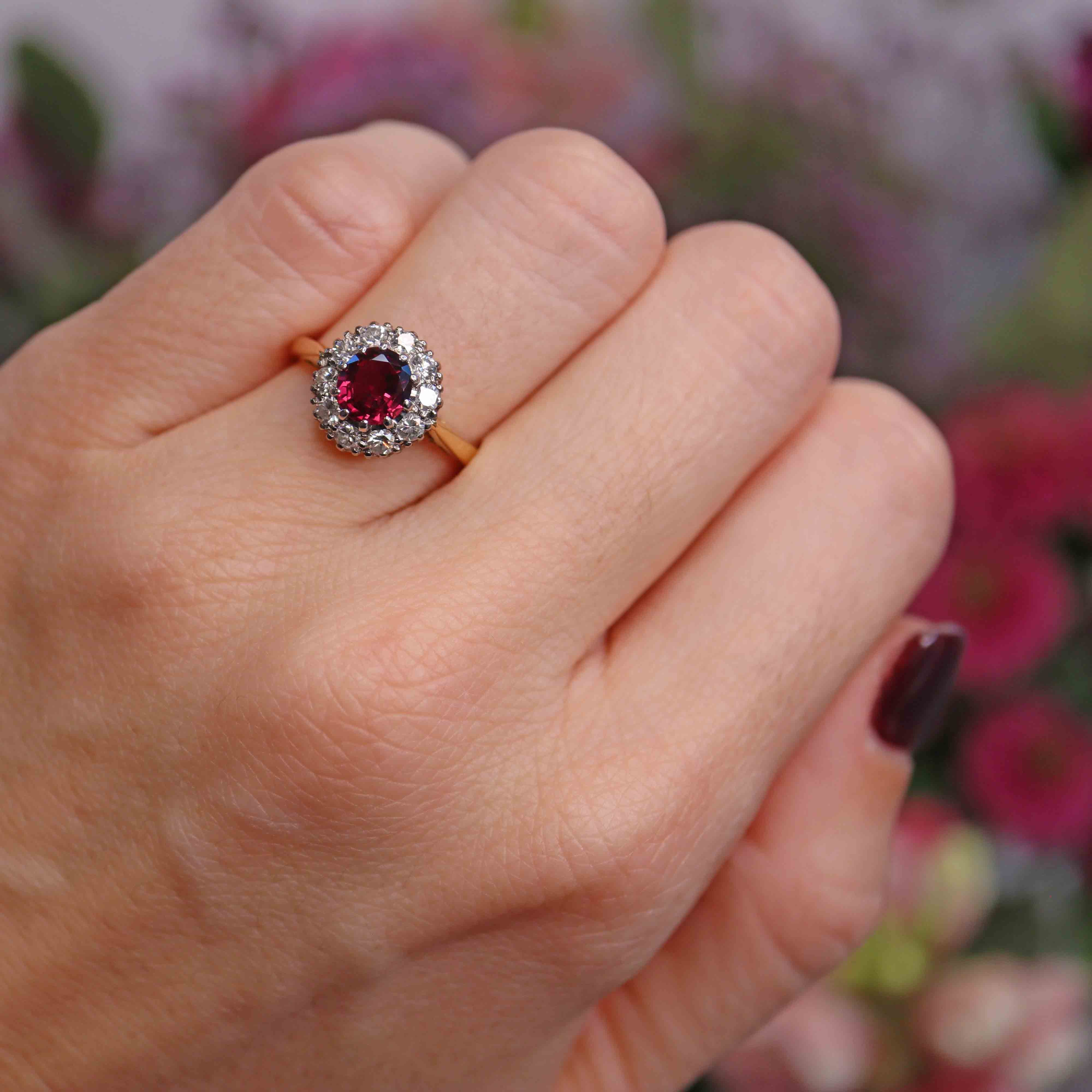 Ellibelle Jewellery Edwardian Ruby & Diamond 18ct Gold Platinum Cluster Ring
