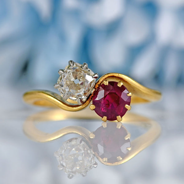 Ellibelle Jewellery Edwardian Ruby & Diamond 18ct Gold 'Toi et Moi' Crossover Ring