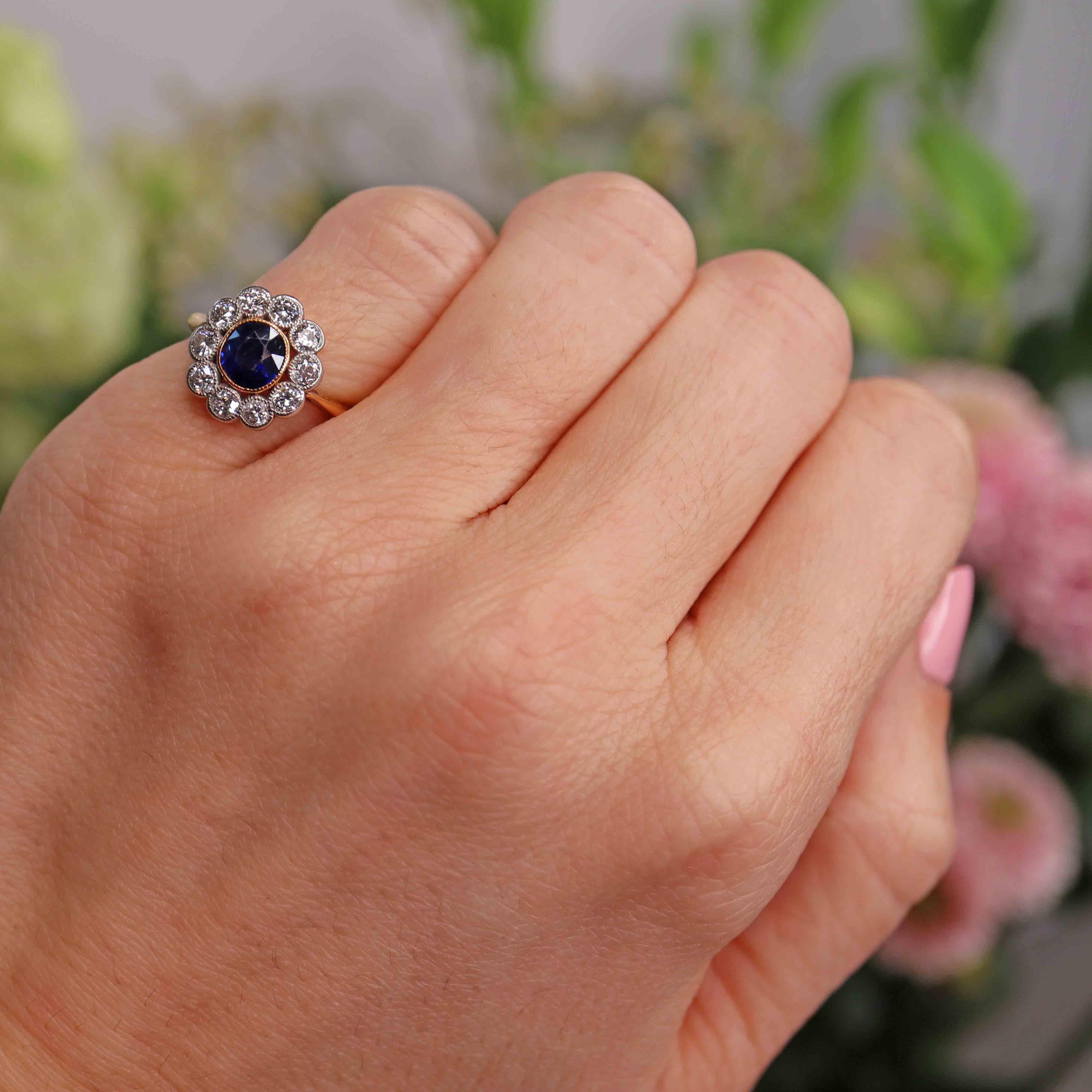 Ellibelle Jewellery Edwardian Sapphire & Diamond 18ct Gold and Platinum Cluster Ring