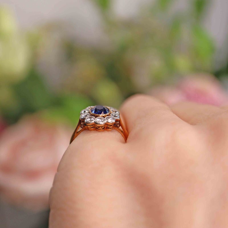 Ellibelle Jewellery Edwardian Sapphire & Diamond 18ct Gold and Platinum Cluster Ring