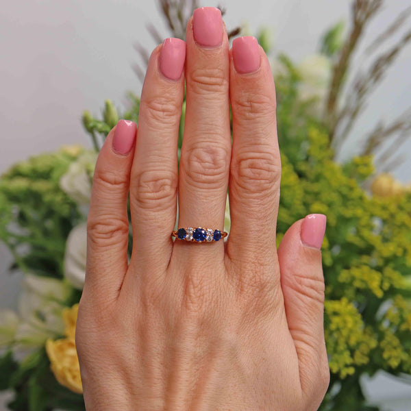Ellibelle Jewellery Edwardian Sapphire & Diamond 18ct Gold Carved Half-Hoop Ring