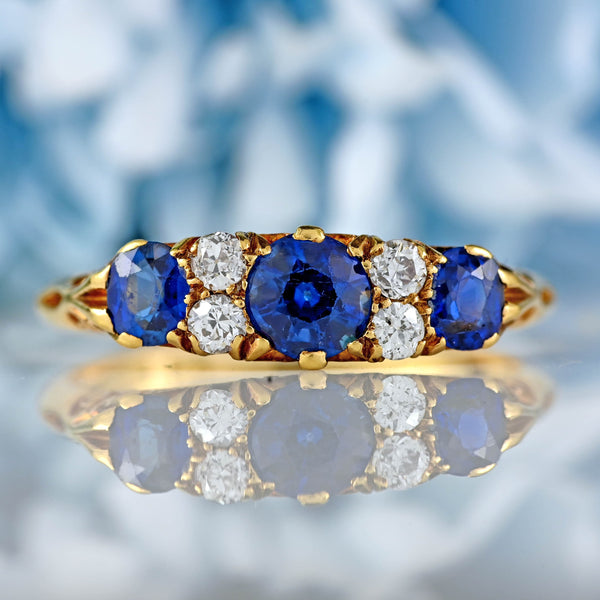 Ellibelle Jewellery Edwardian Sapphire & Diamond 18ct Gold Carved Half-Hoop Ring
