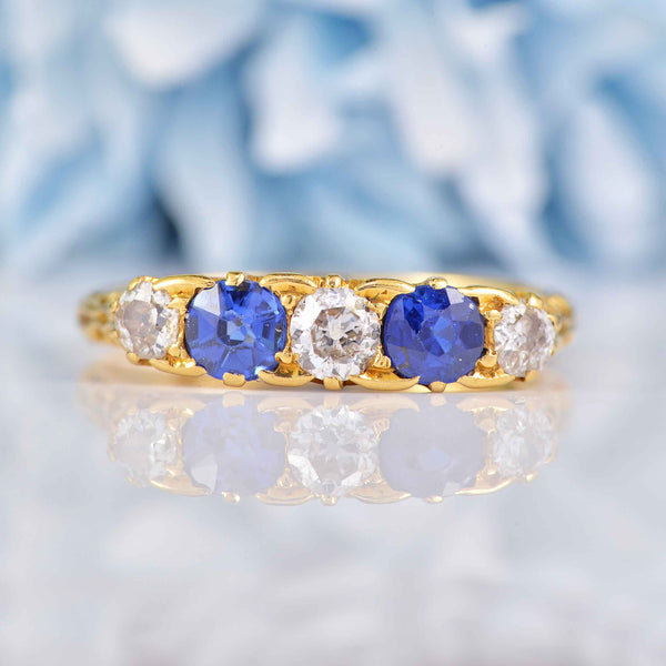 Ellibelle Jewellery Edwardian Sapphire & Diamond 18ct Gold Carved Half Hoop Ring