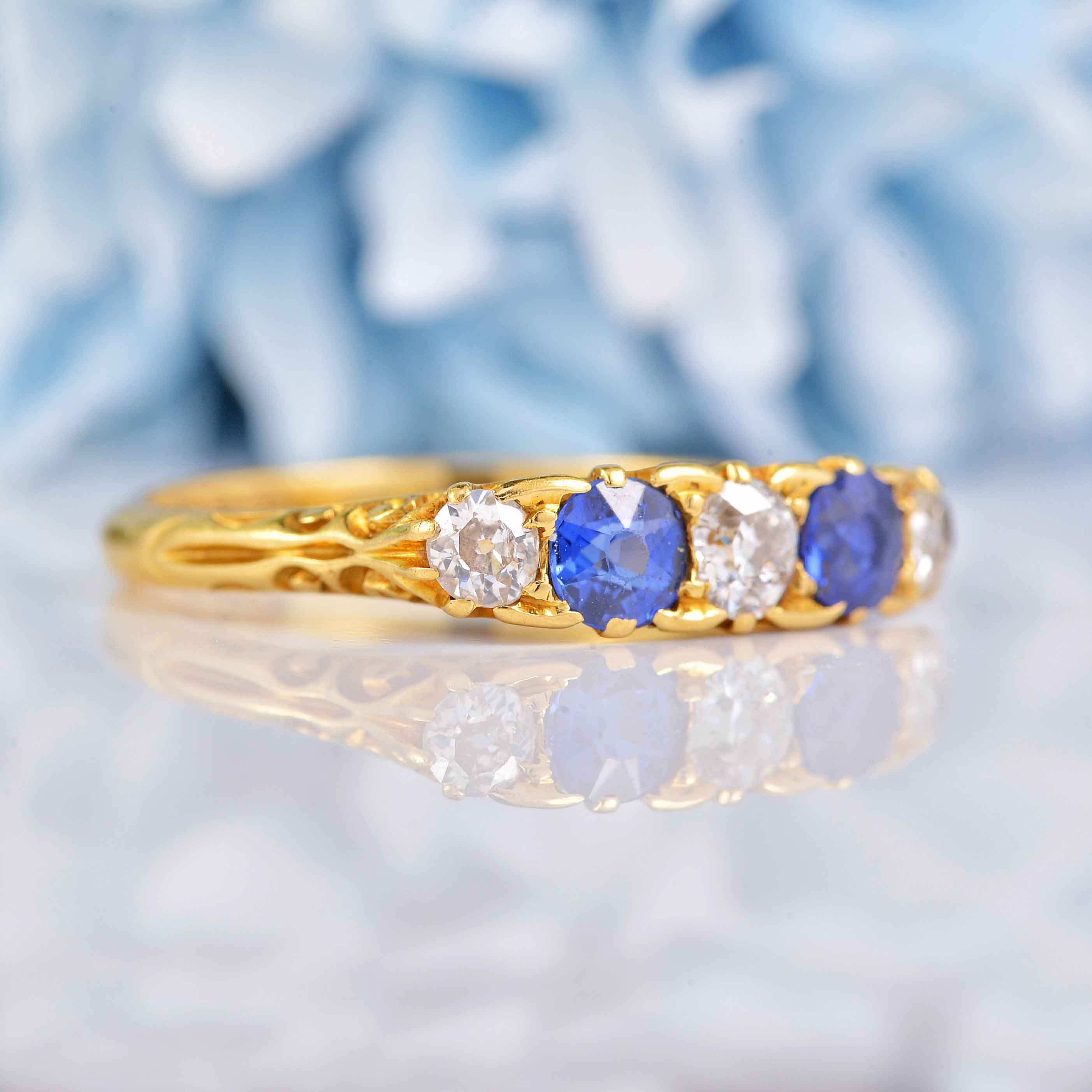 Ellibelle Jewellery Edwardian Sapphire & Diamond 18ct Gold Carved Half Hoop Ring