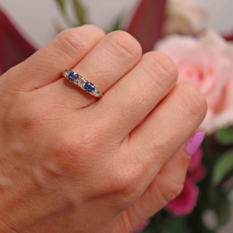 Ellibelle Jewellery Edwardian Sapphire & Diamond 18ct Gold Carved Half Hoop Ring