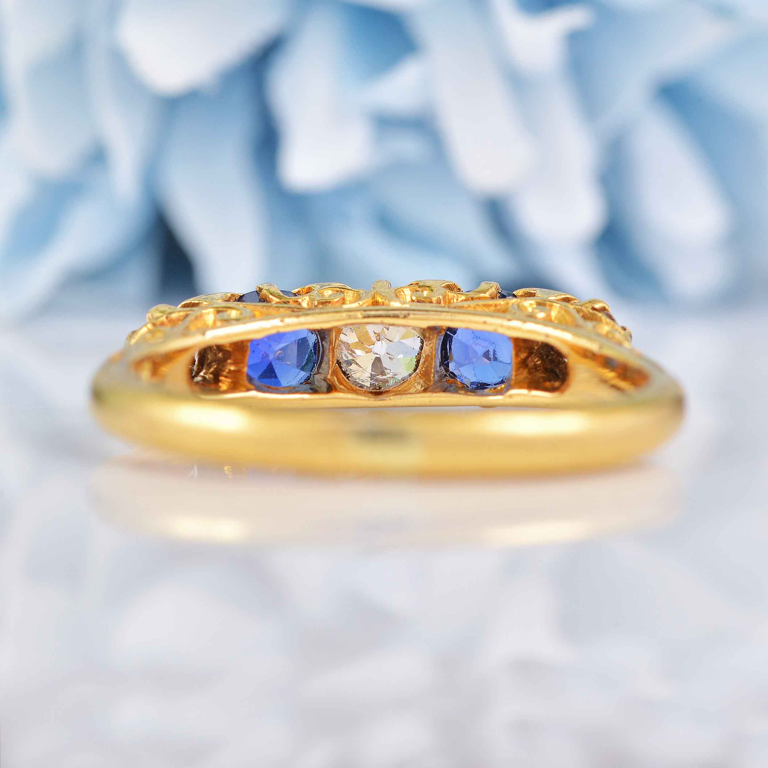 Ellibelle Jewellery Edwardian Sapphire & Diamond 18ct Gold Carved Half Hoop Ring