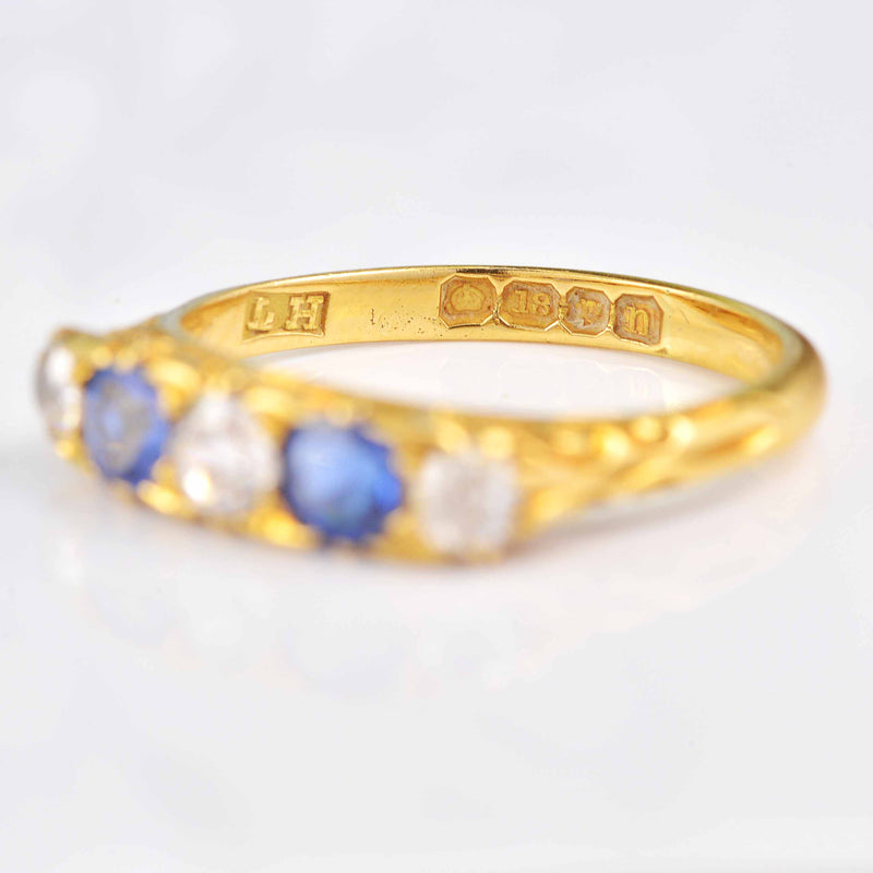 Ellibelle Jewellery Edwardian Sapphire & Diamond 18ct Gold Carved Half Hoop Ring