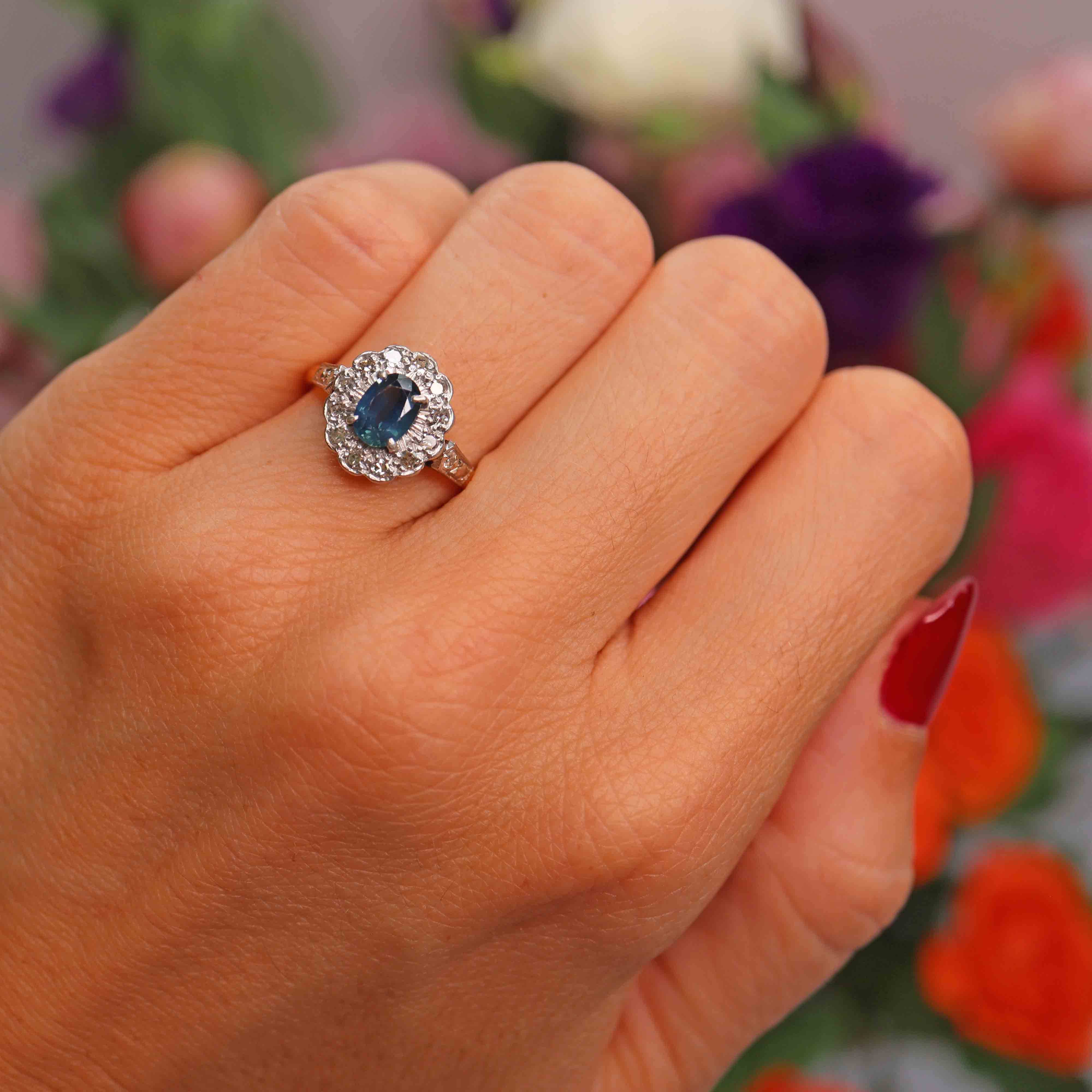 Ellibelle Jewellery Edwardian Sapphire & Diamond 18ct Gold Platinum Cluster Ring (0.72cts)