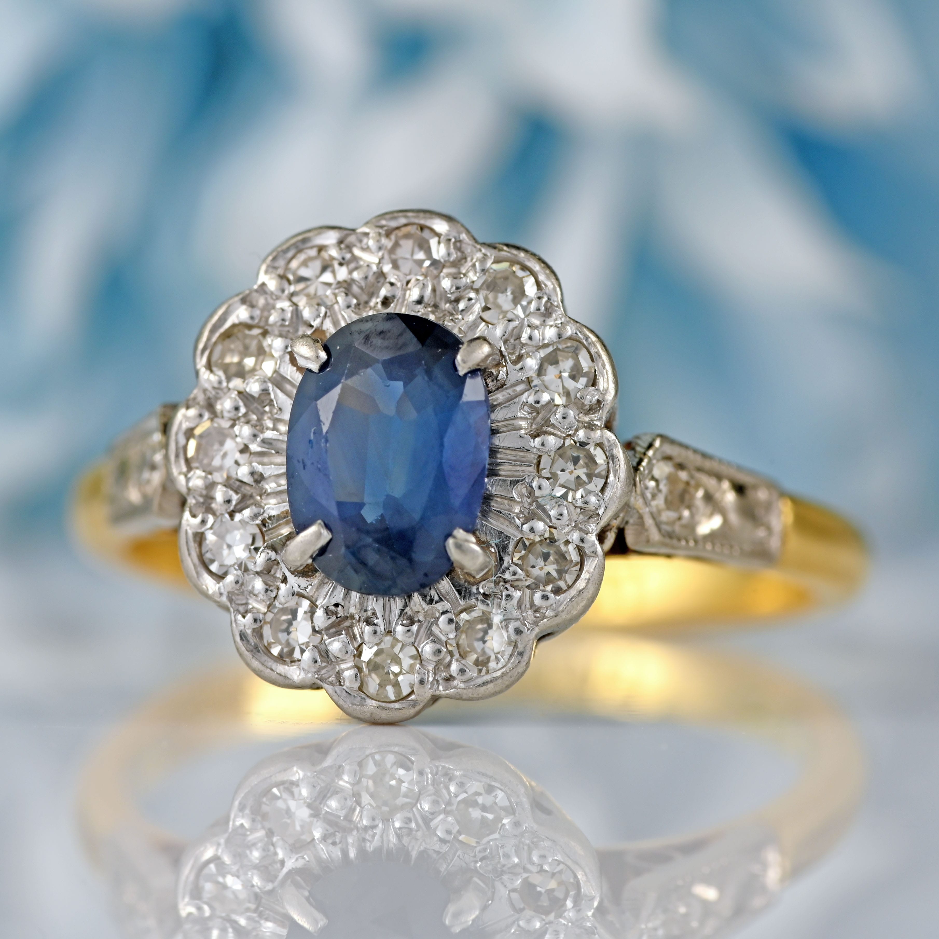 Ellibelle Jewellery Edwardian Sapphire & Diamond 18ct Gold Platinum Cluster Ring (0.72cts)