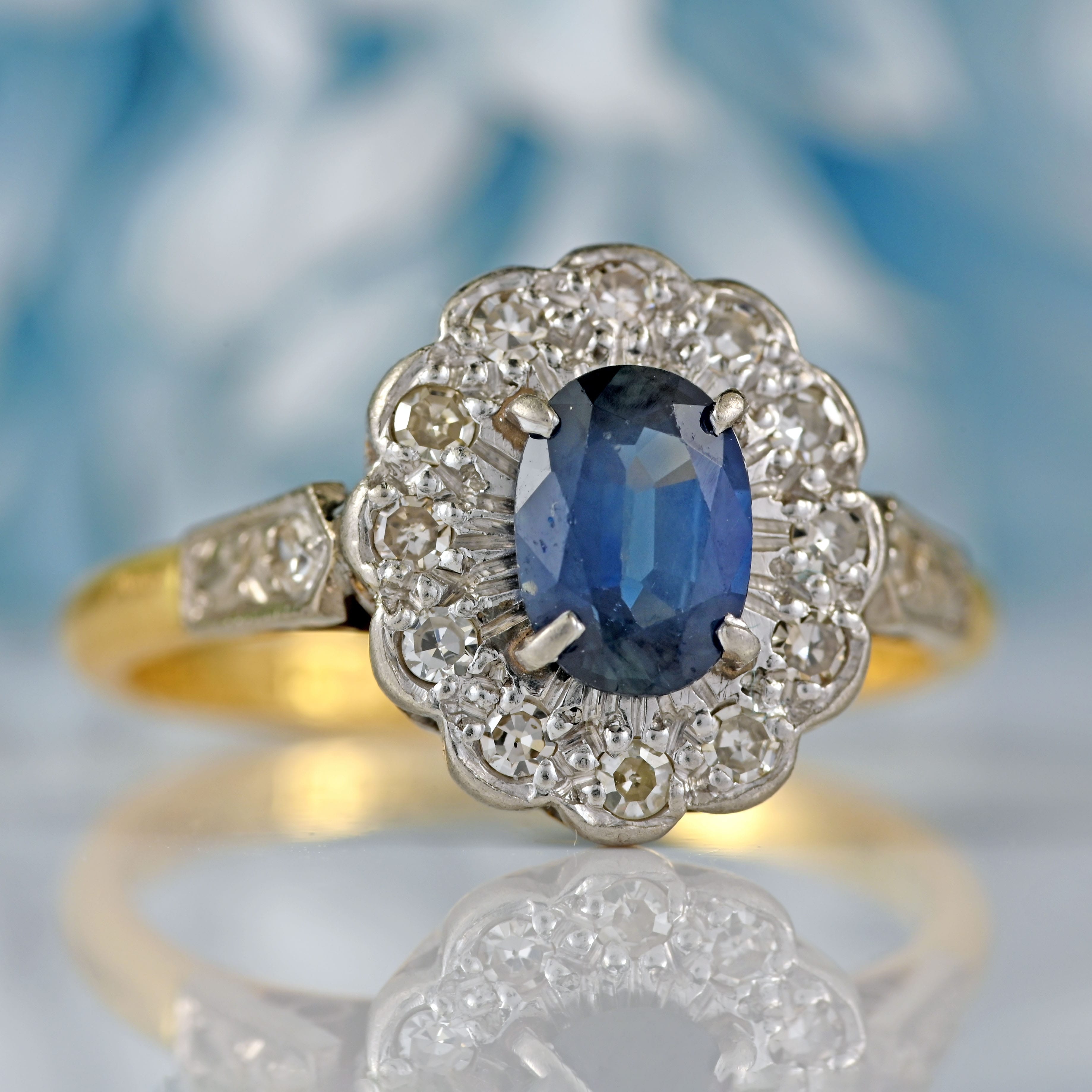Ellibelle Jewellery Edwardian Sapphire & Diamond 18ct Gold Platinum Cluster Ring (0.72cts)