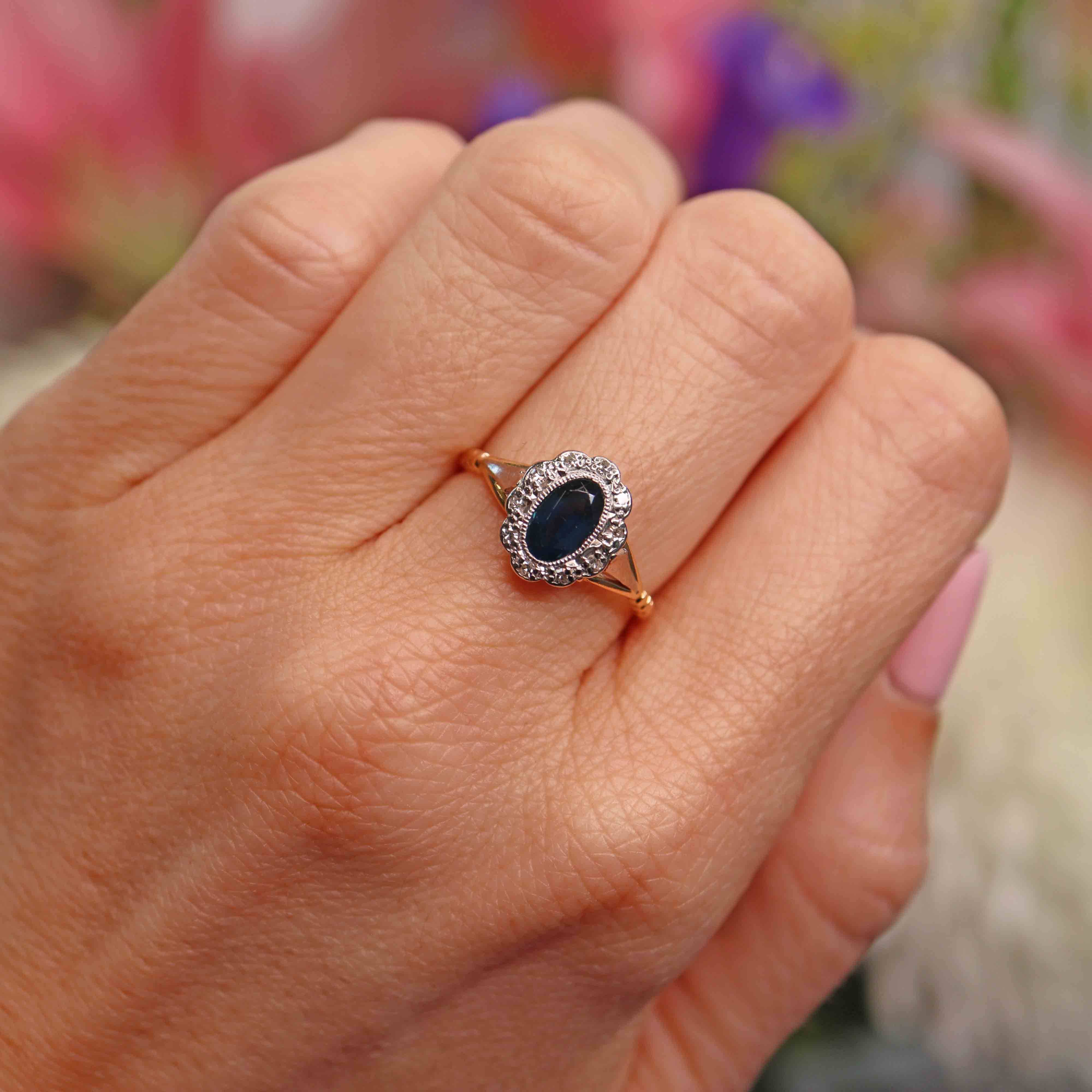 Ellibelle Jewellery Edwardian Sapphire & Diamond 18ct Gold Platinum Cluster Ring