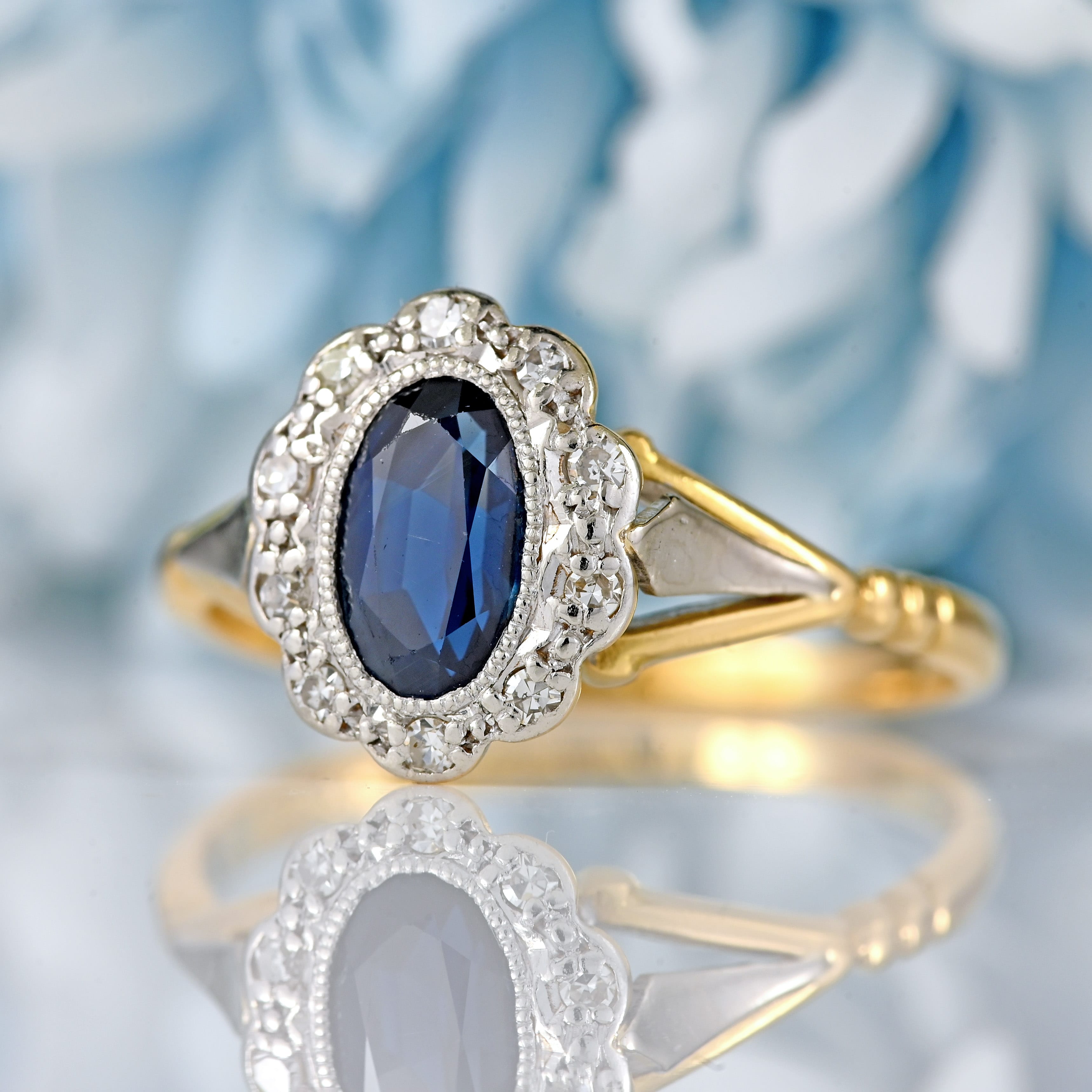 Ellibelle Jewellery Edwardian Sapphire & Diamond 18ct Gold Platinum Cluster Ring