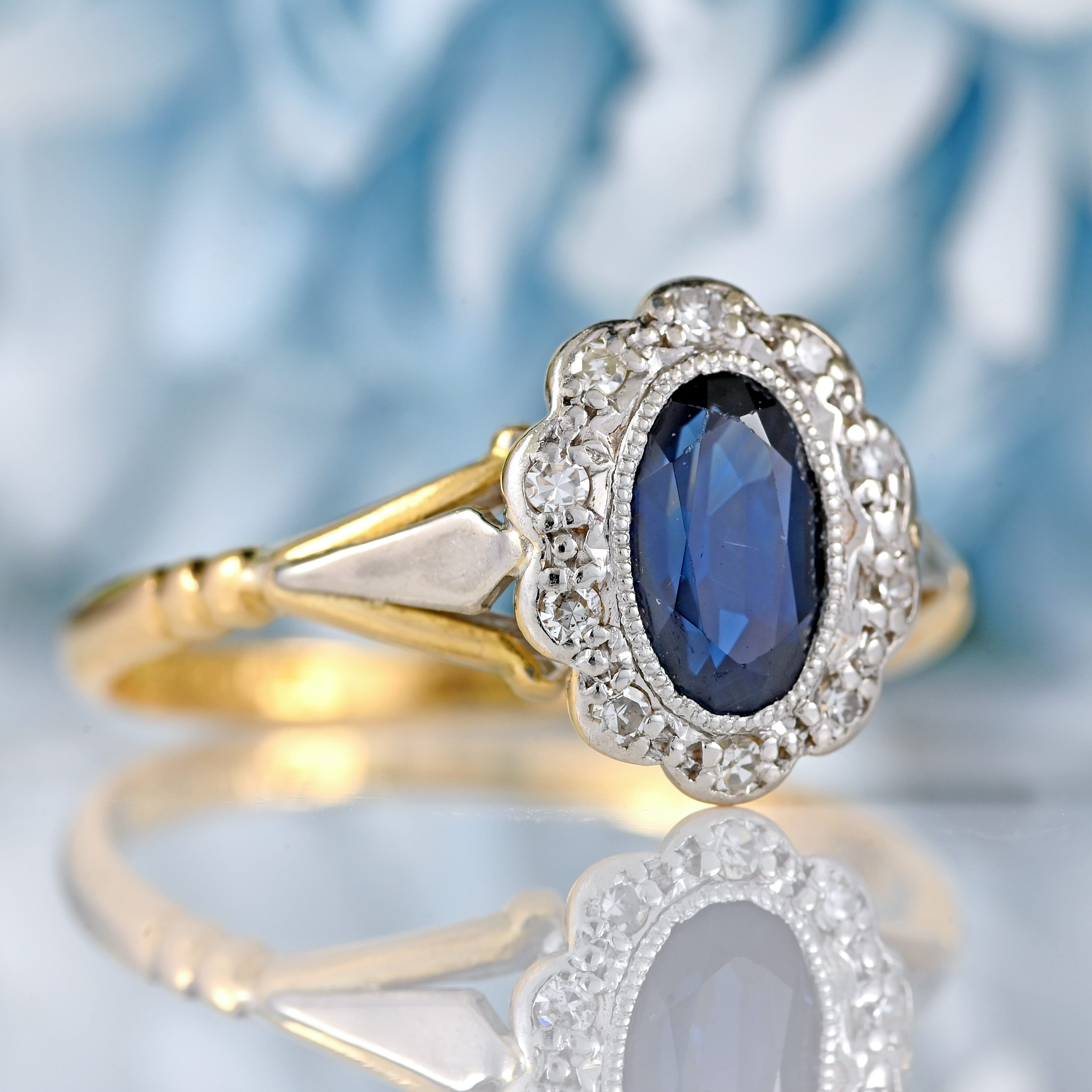 Ellibelle Jewellery Edwardian Sapphire & Diamond 18ct Gold Platinum Cluster Ring