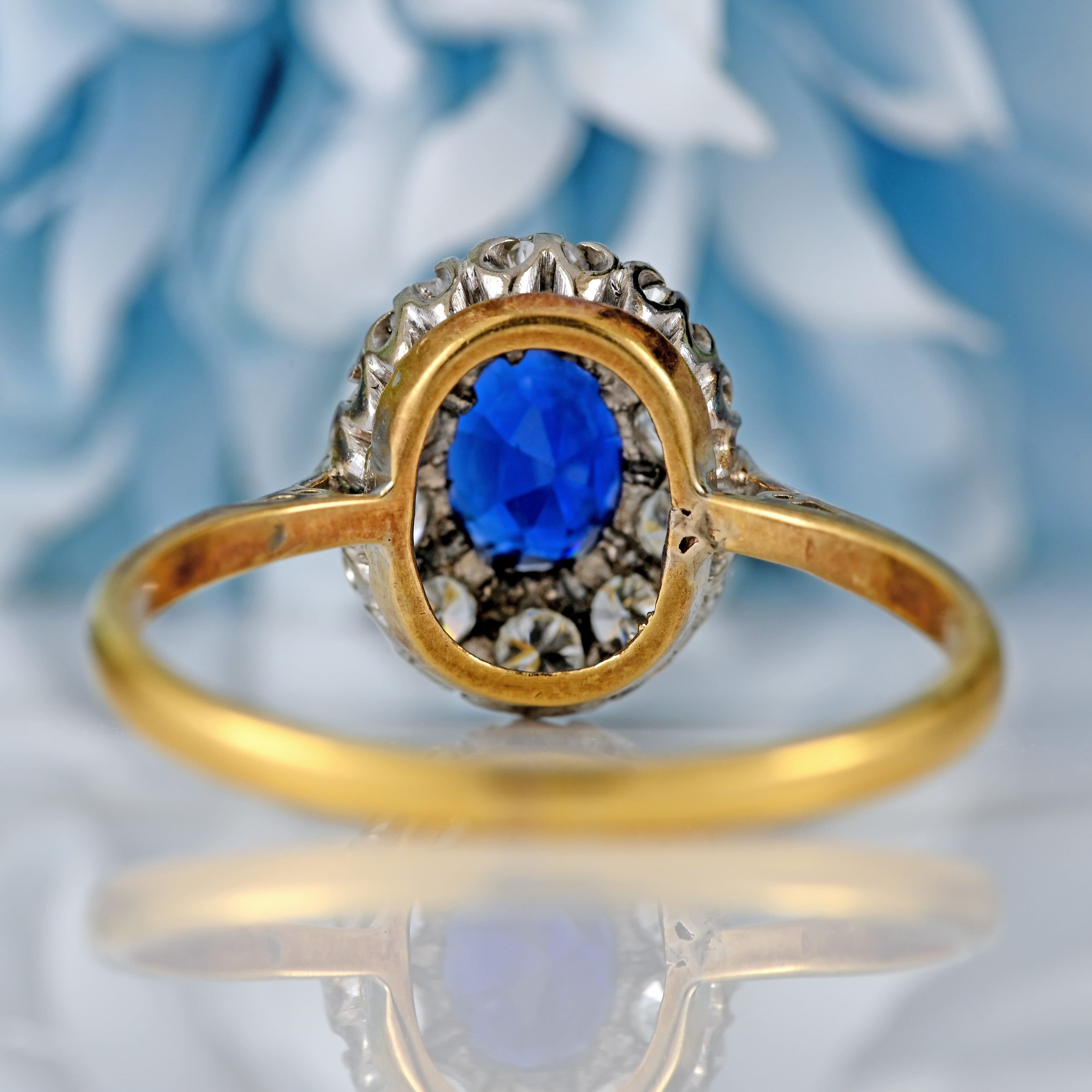 Ellibelle Jewellery Edwardian Sapphire & Diamond 18ct Gold Platinum Cluster Ring