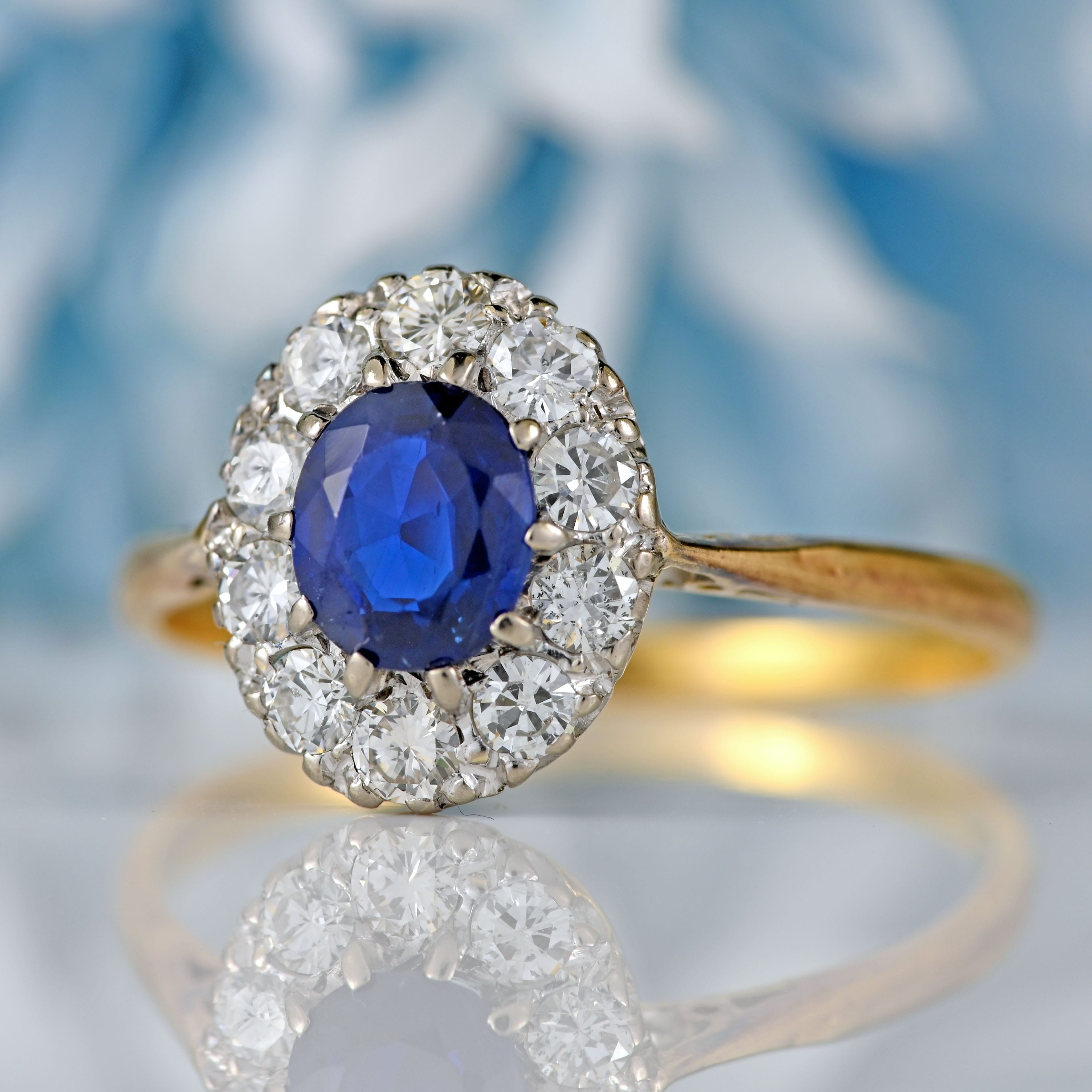 Ellibelle Jewellery Edwardian Sapphire & Diamond 18ct Gold Platinum Cluster Ring