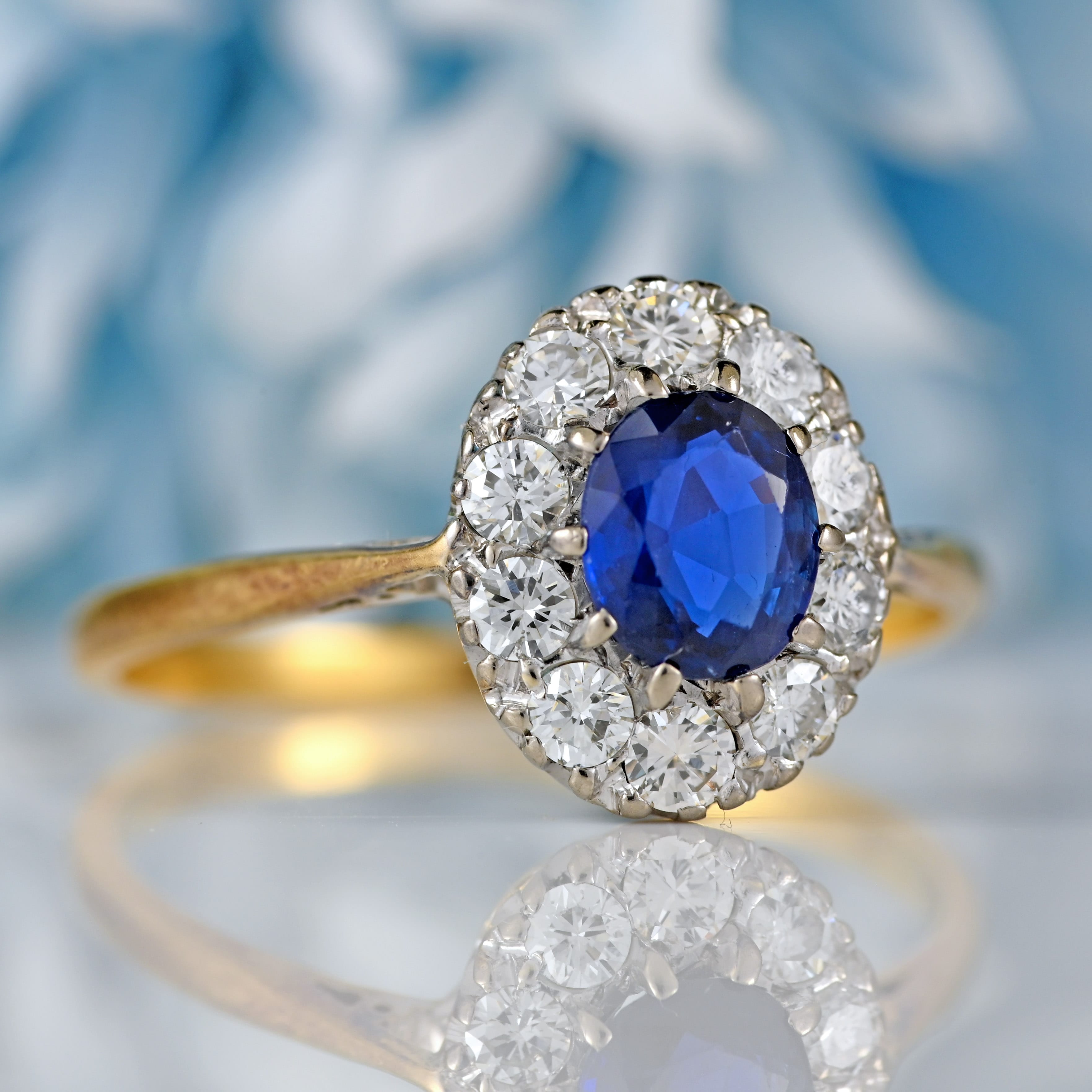 Ellibelle Jewellery Edwardian Sapphire & Diamond 18ct Gold Platinum Cluster Ring