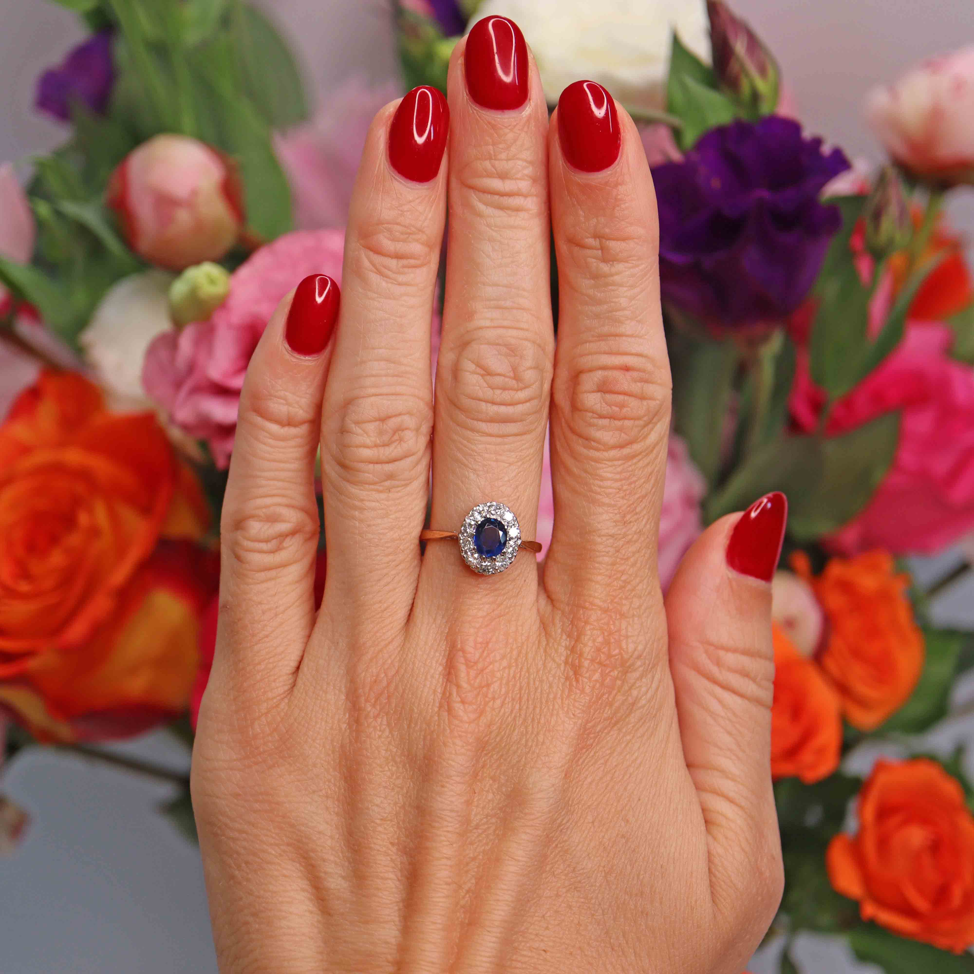 Ellibelle Jewellery Edwardian Sapphire & Diamond 18ct Gold Platinum Cluster Ring