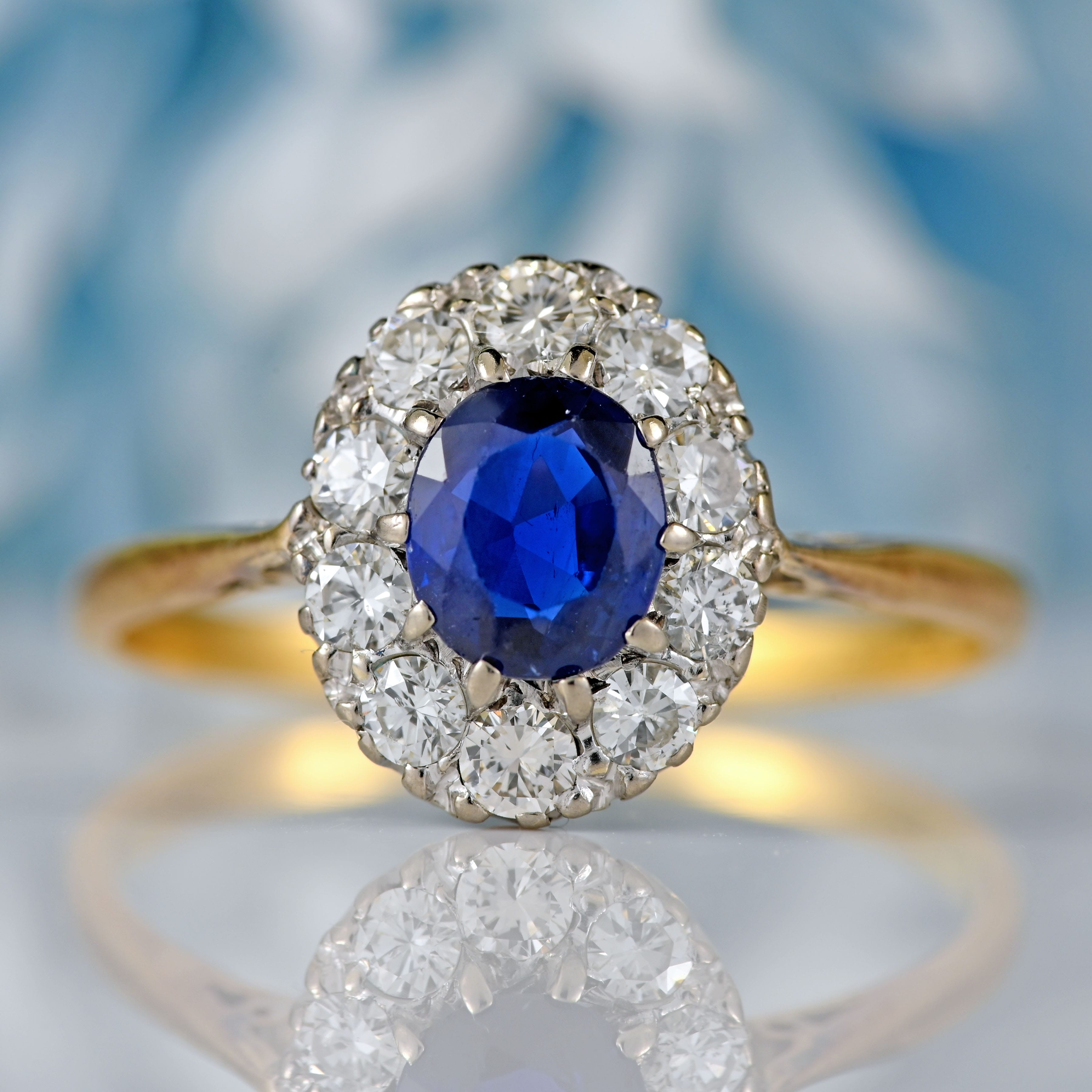 Ellibelle Jewellery Edwardian Sapphire & Diamond 18ct Gold Platinum Cluster Ring