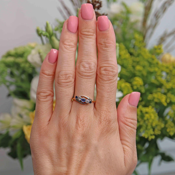 Ellibelle Jewellery Edwardian Sapphire & Diamond 18ct Gold Platinum Five-Stone Crossover Ring