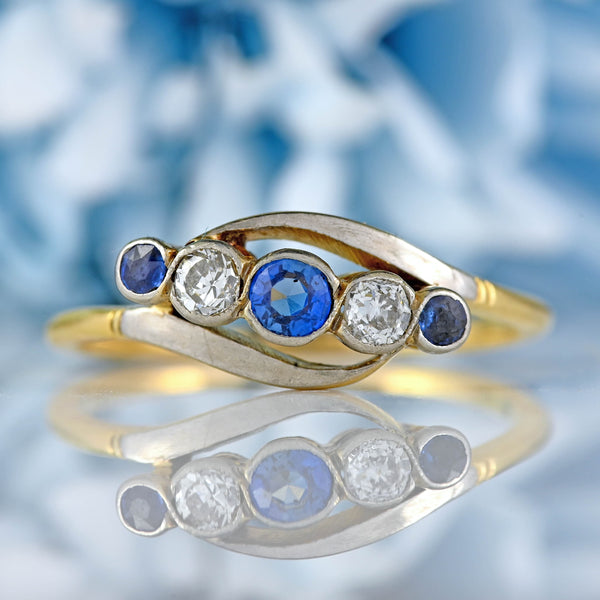 Ellibelle Jewellery Edwardian Sapphire & Diamond 18ct Gold Platinum Five-Stone Crossover Ring