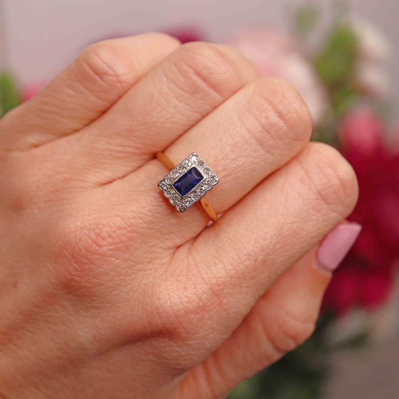 Ellibelle Jewellery Edwardian Sapphire & Diamond 18ct Gold Platinum Ring