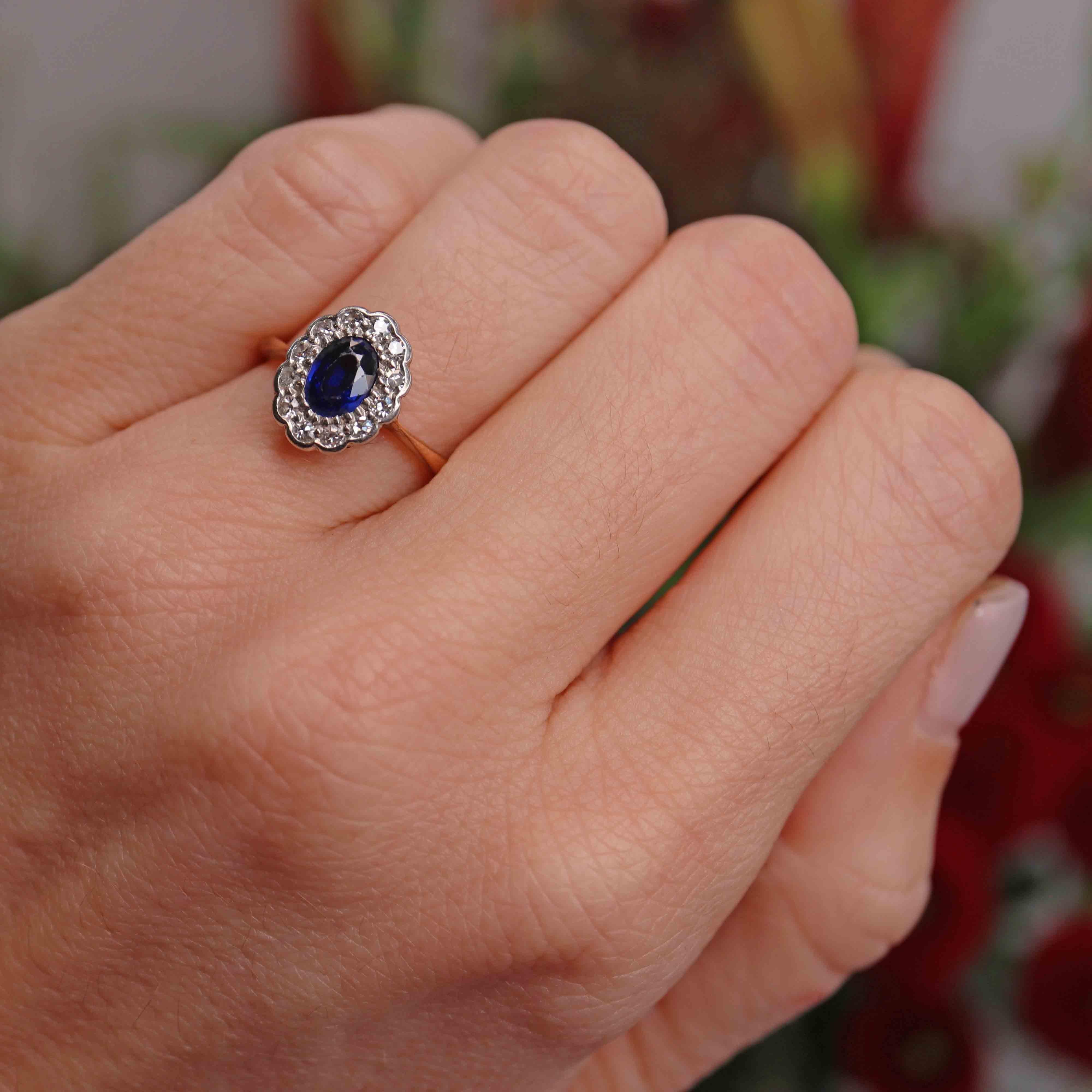 Ellibelle Jewellery Edwardian Sapphire & Diamond 18ct Gold Platinum Ring