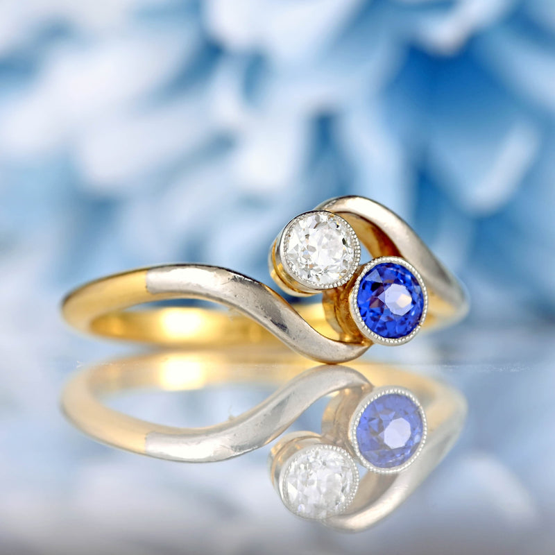 Ellibelle Jewellery Edwardian Sapphire & Diamond 18ct Gold Platinum 'Toi et Moi' Engagement Ring