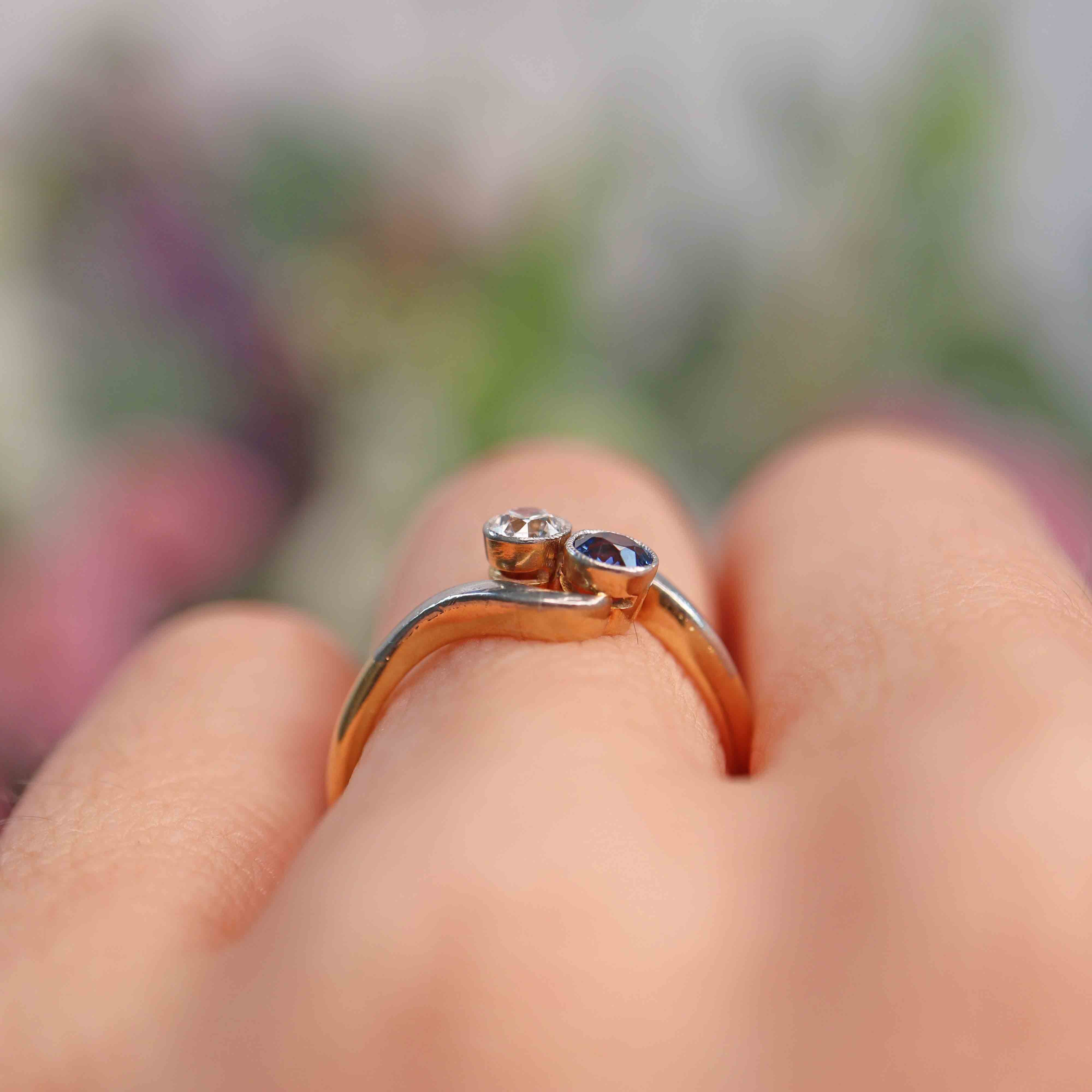 Ellibelle Jewellery Edwardian Sapphire & Diamond 18ct Gold Platinum 'Toi et Moi' Engagement Ring