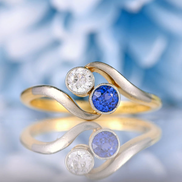 Ellibelle Jewellery Edwardian Sapphire & Diamond 18ct Gold Platinum 'Toi et Moi' Engagement Ring